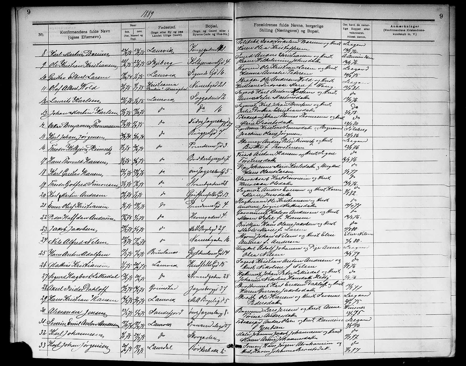 Larvik kirkebøker, AV/SAKO-A-352/G/Ga/L0006: Parish register (copy) no. I 6, 1888-1917, p. 9