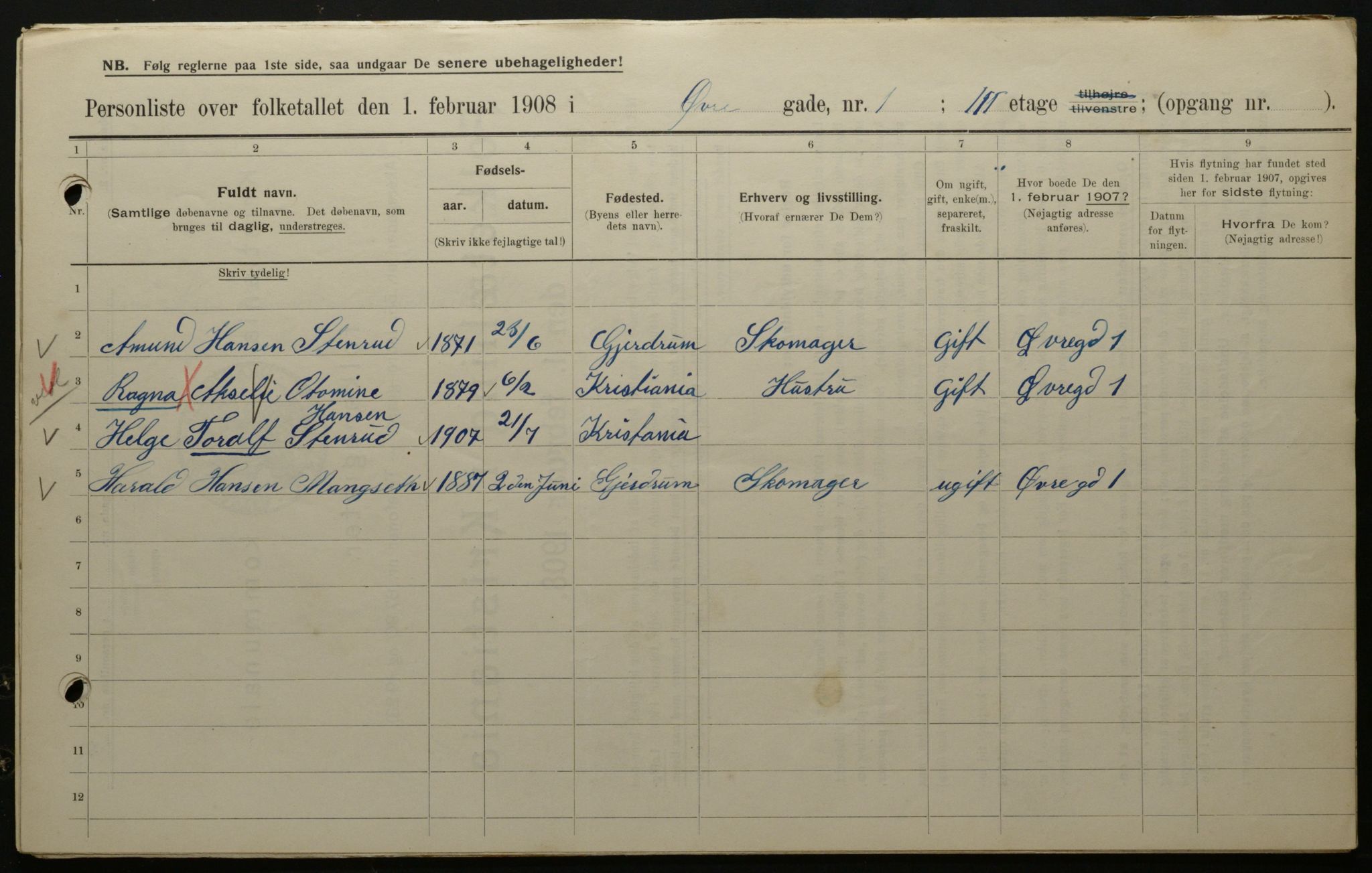 OBA, Municipal Census 1908 for Kristiania, 1908, p. 116496