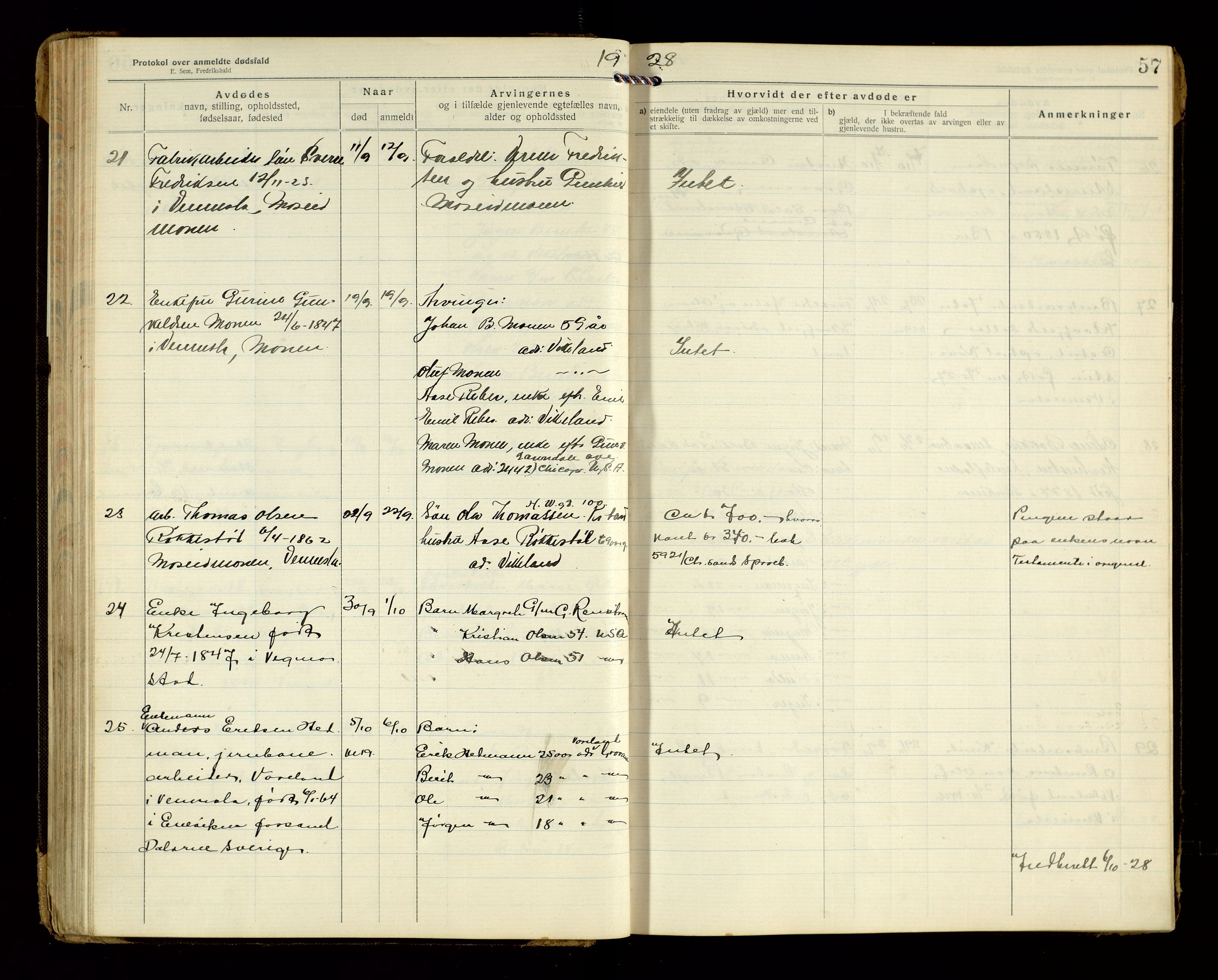 Vennesla og Iveland lensmannskontor, AV/SAK-1241-0050/F/Fe/L0001: Dødsfallsprotokoll nr 7, 1920-1940, p. 57