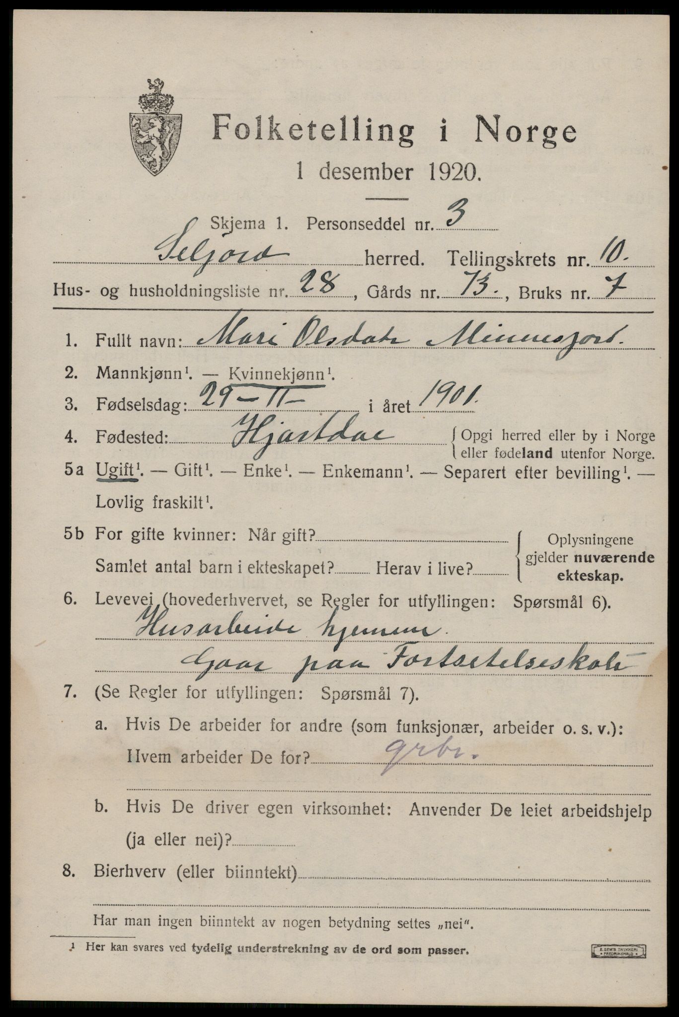 SAKO, 1920 census for Seljord, 1920, p. 5018