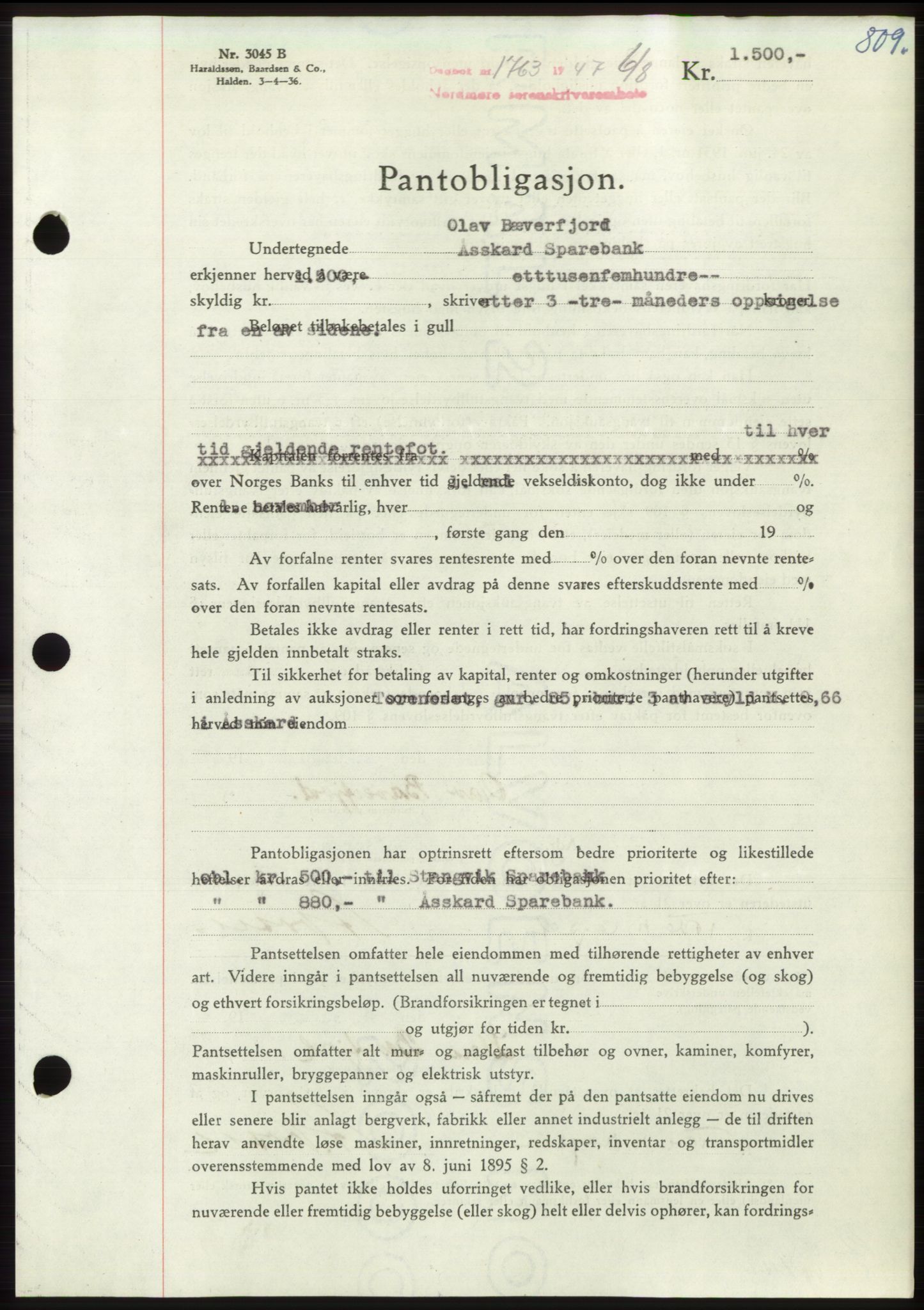 Nordmøre sorenskriveri, AV/SAT-A-4132/1/2/2Ca: Mortgage book no. B96, 1947-1947, Diary no: : 1763/1947