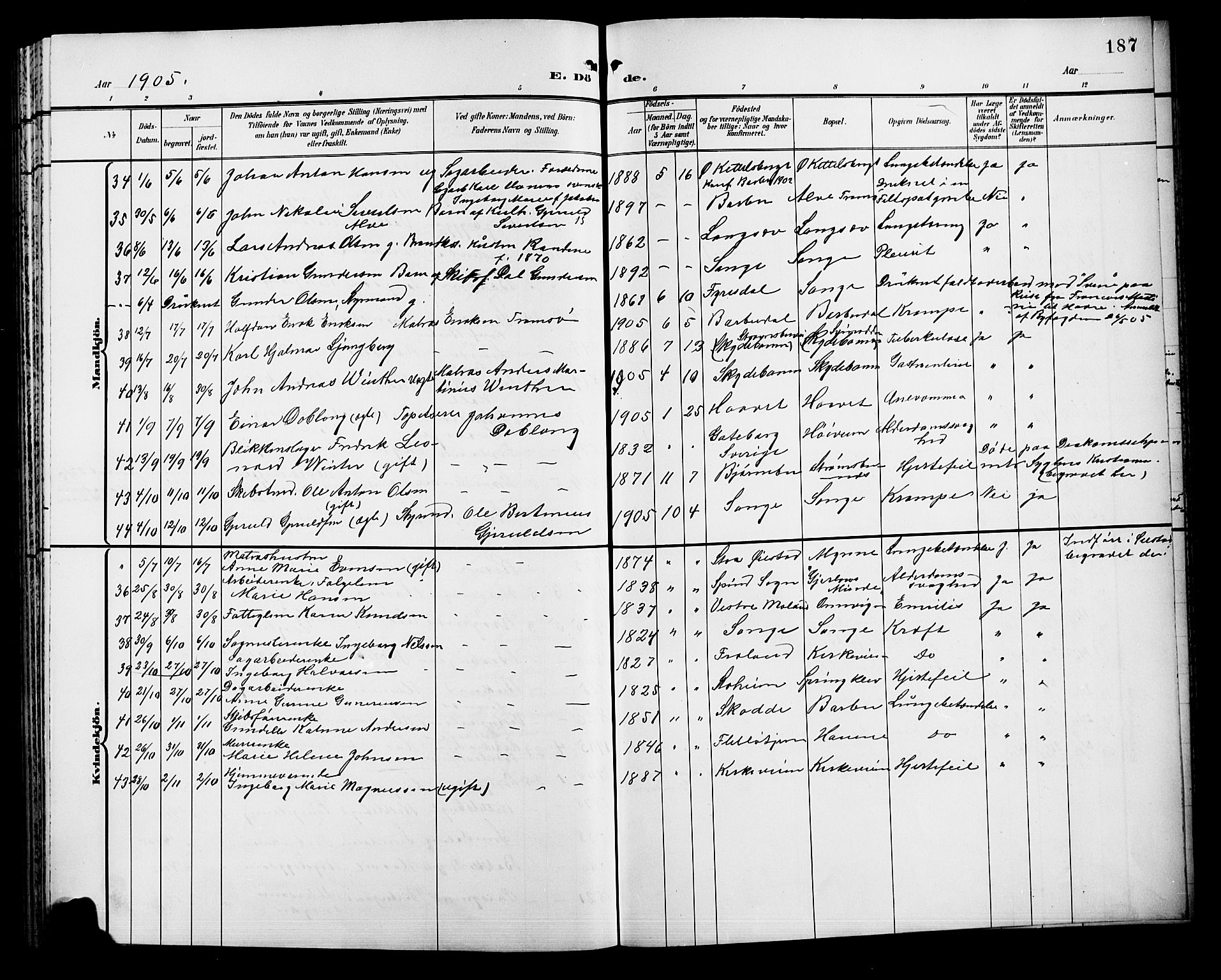 Barbu sokneprestkontor, AV/SAK-1111-0003/F/Fb/L0003: Parish register (copy) no. B 3, 1897-1911, p. 187