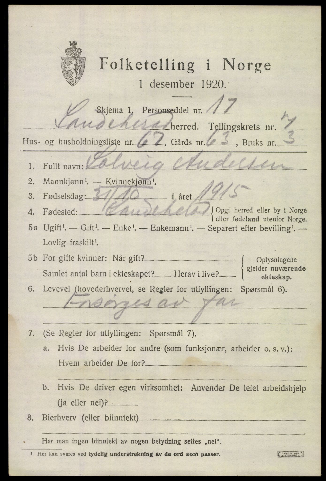 SAKO, 1920 census for Sandeherred, 1920, p. 12708