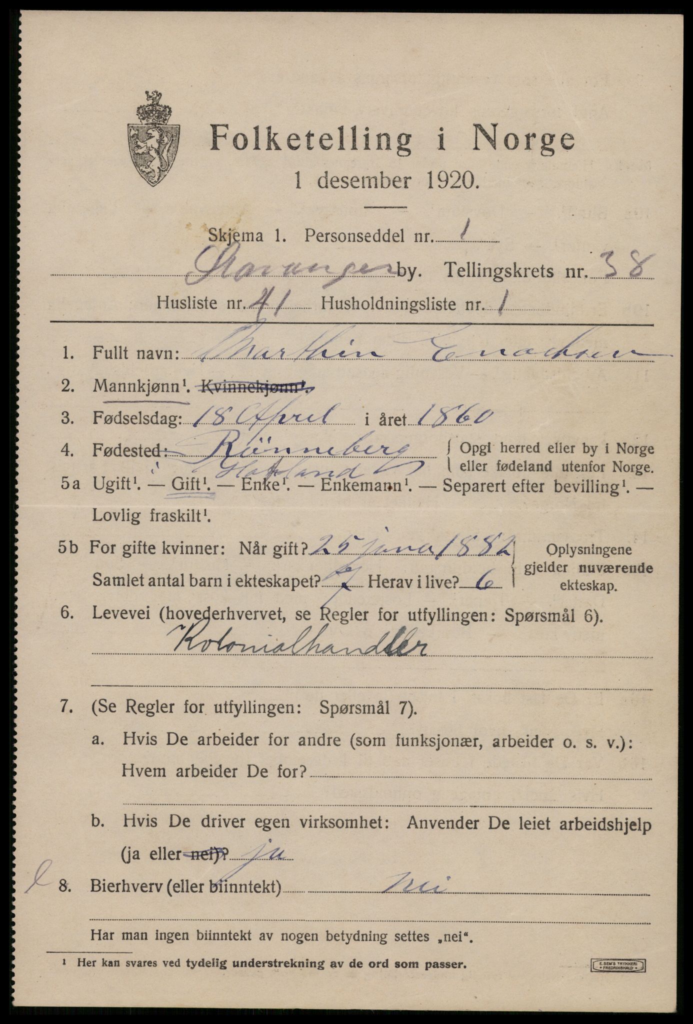 SAST, 1920 census for Stavanger, 1920, p. 99736