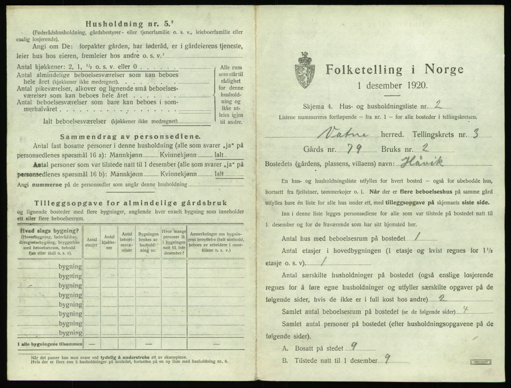 SAT, 1920 census for Vatne, 1920, p. 176