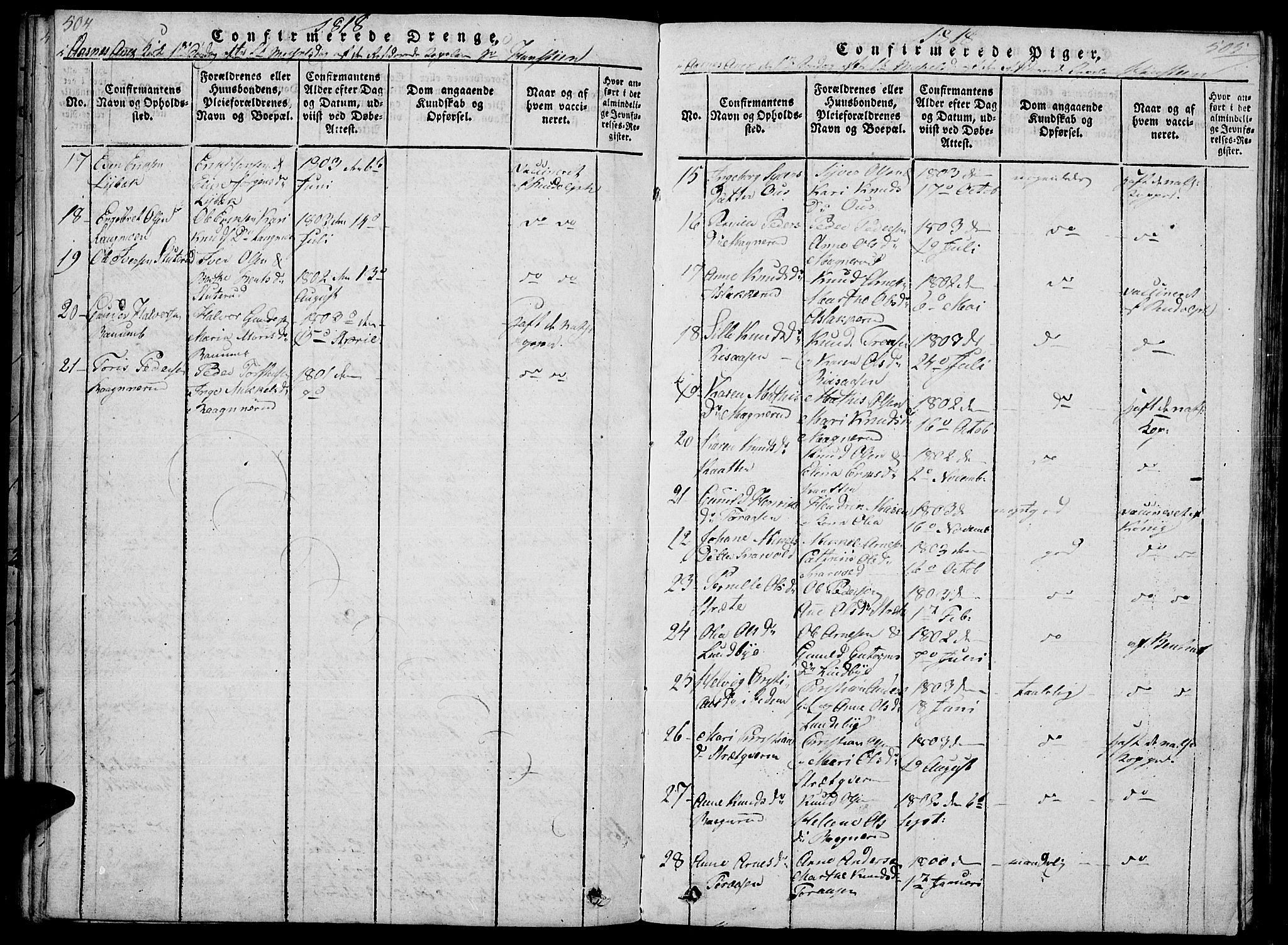 Hof prestekontor, AV/SAH-PREST-038/H/Ha/Haa/L0005: Parish register (official) no. 5, 1816-1822, p. 504-505