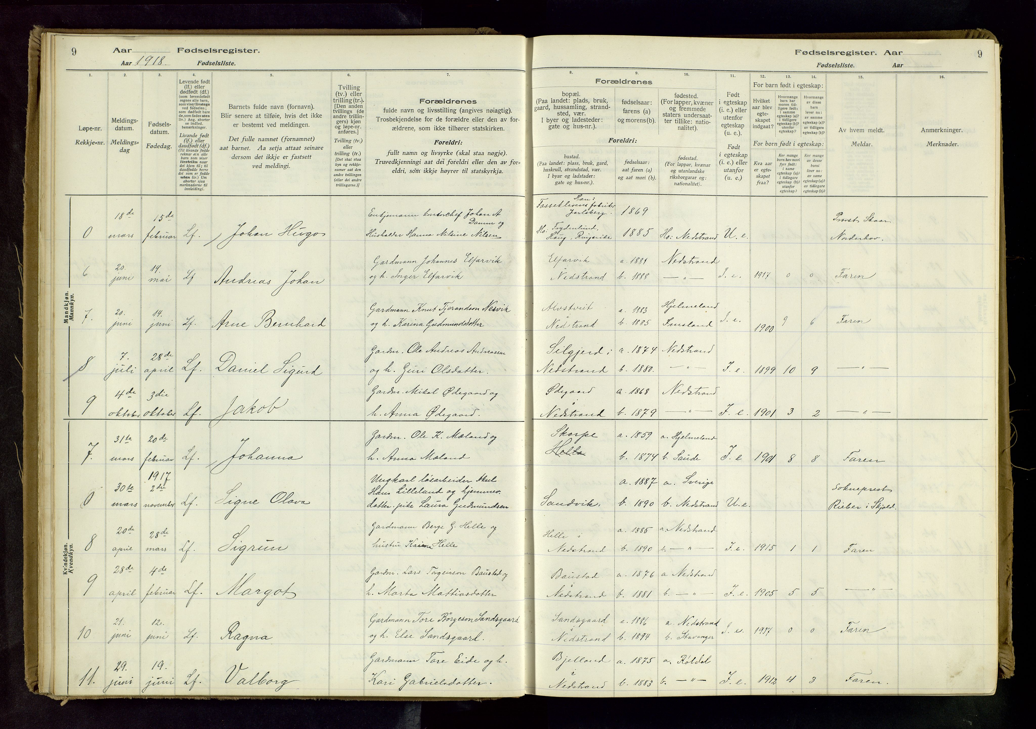 Nedstrand sokneprestkontor, AV/SAST-A-101841/03/C/L0001: Birth register no. 1, 1916-1981, p. 9