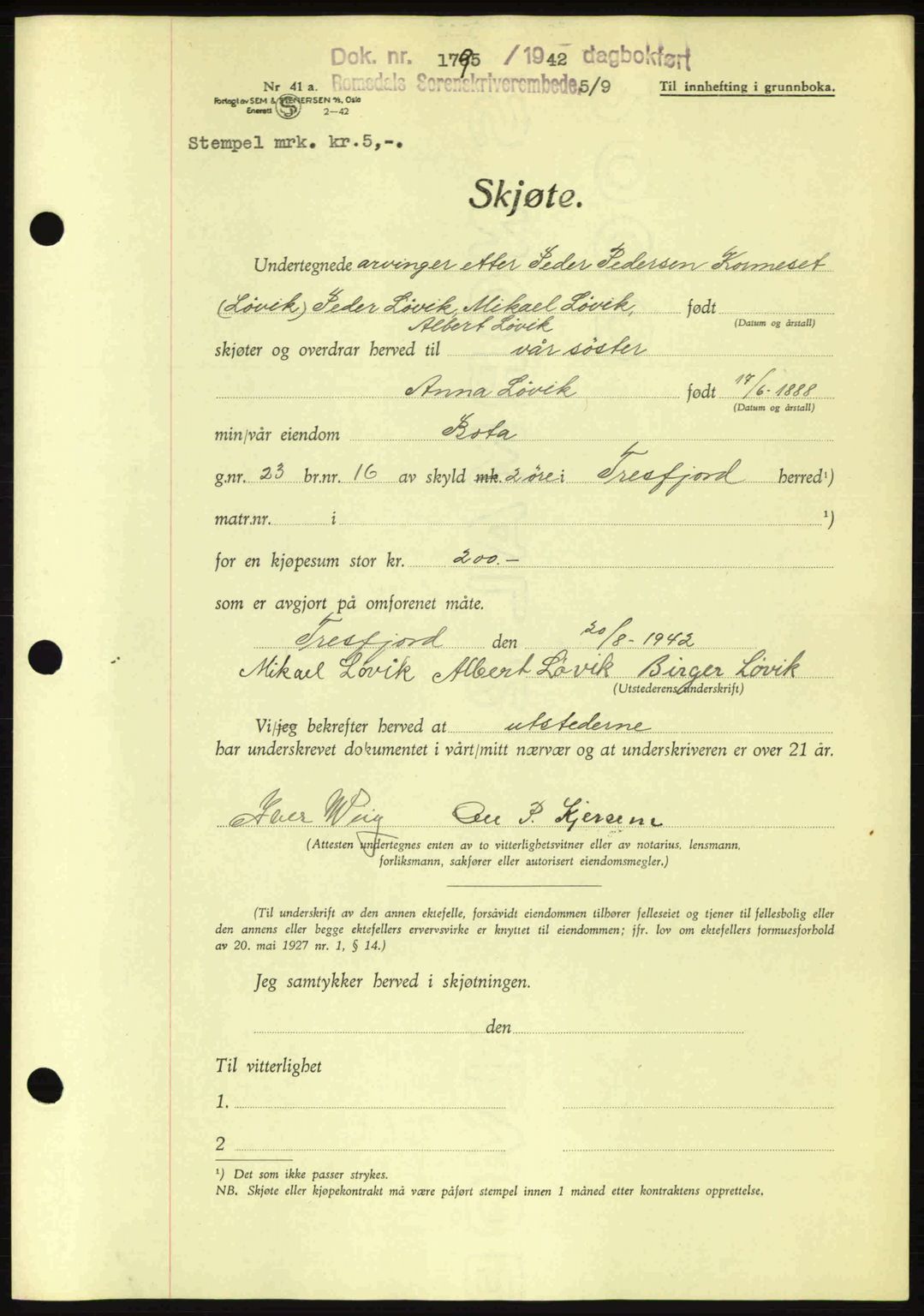 Romsdal sorenskriveri, AV/SAT-A-4149/1/2/2C: Mortgage book no. A12, 1942-1942, Diary no: : 1795/1942