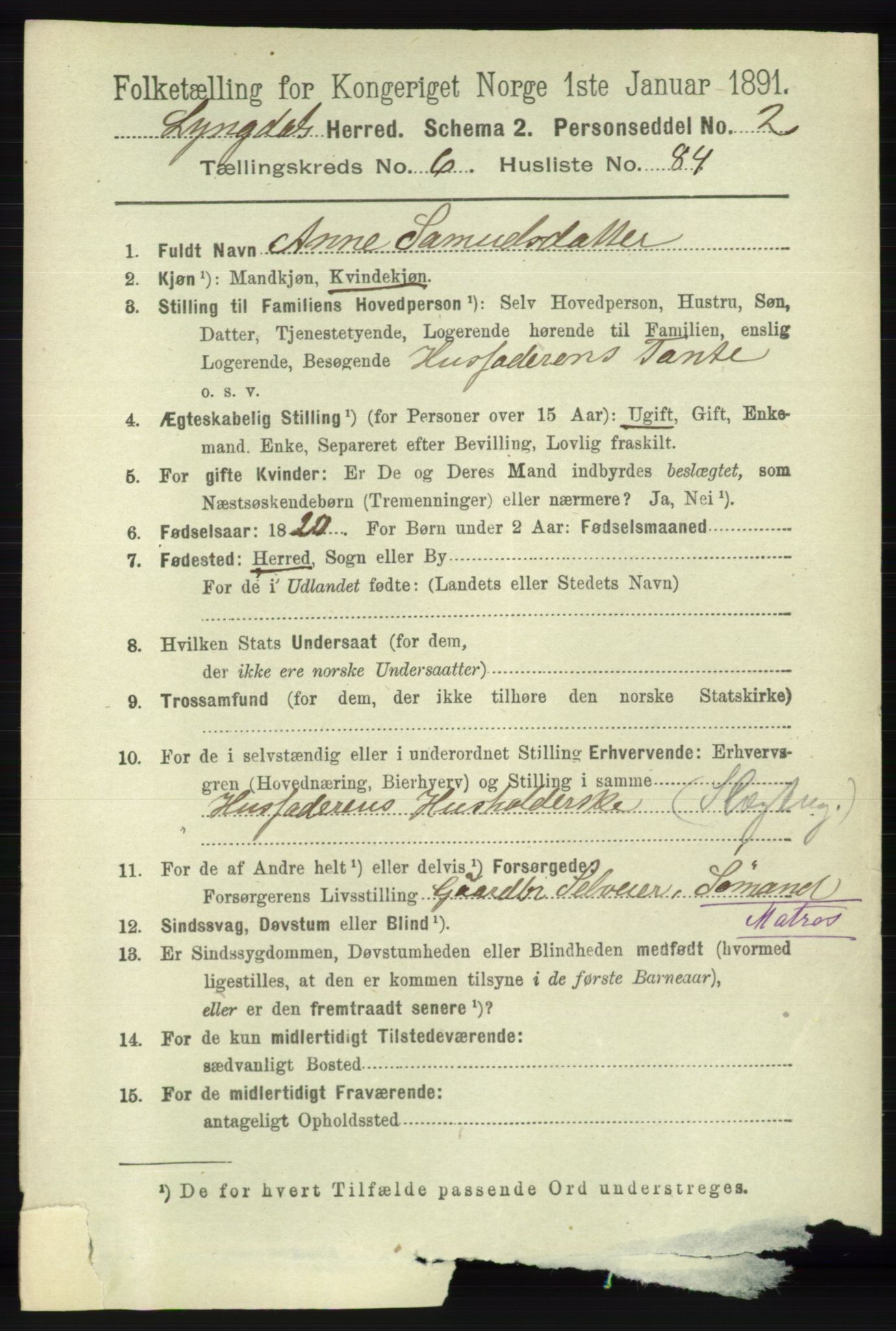 RA, 1891 census for 1032 Lyngdal, 1891, p. 2835