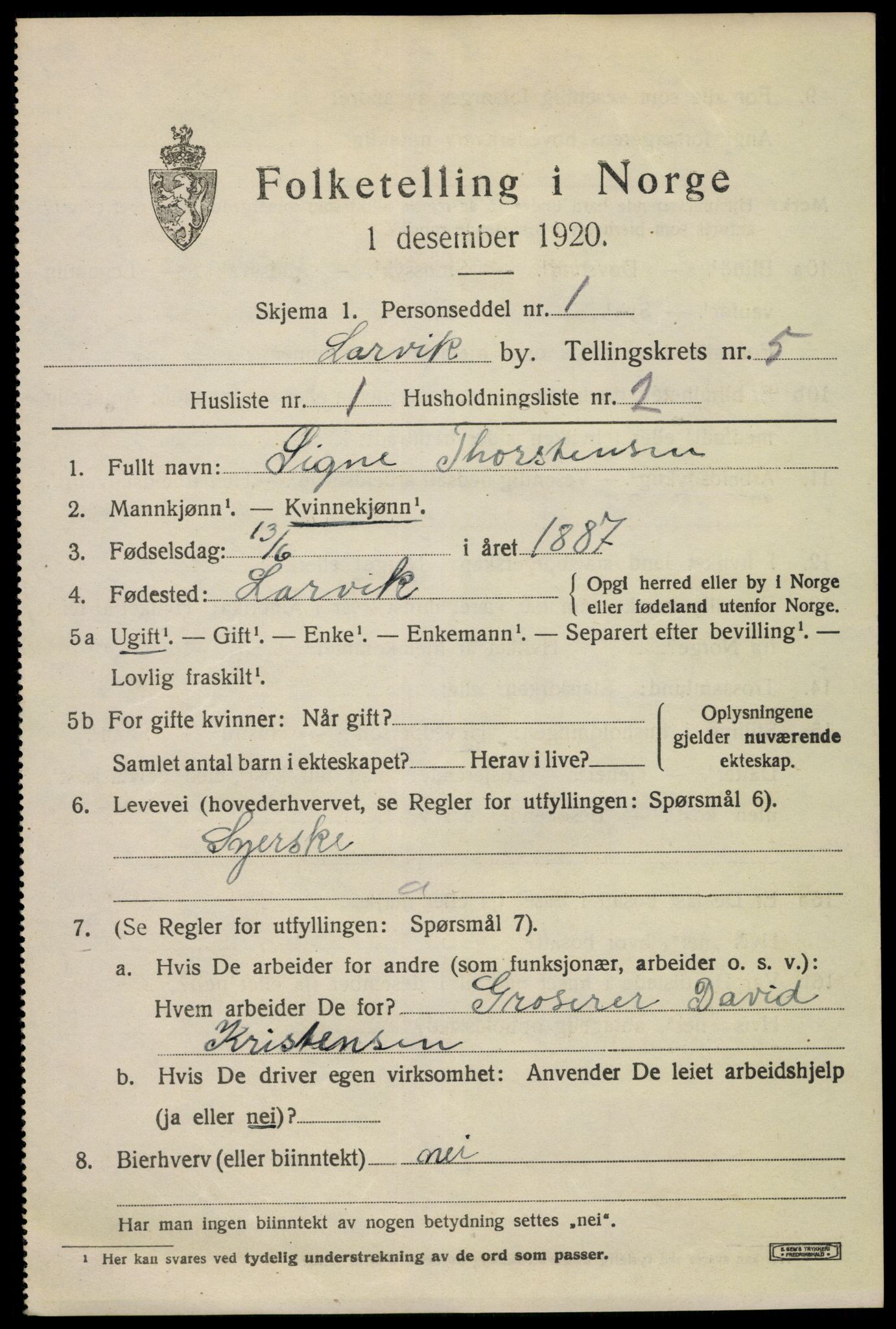 SAKO, 1920 census for Larvik, 1920, p. 16058