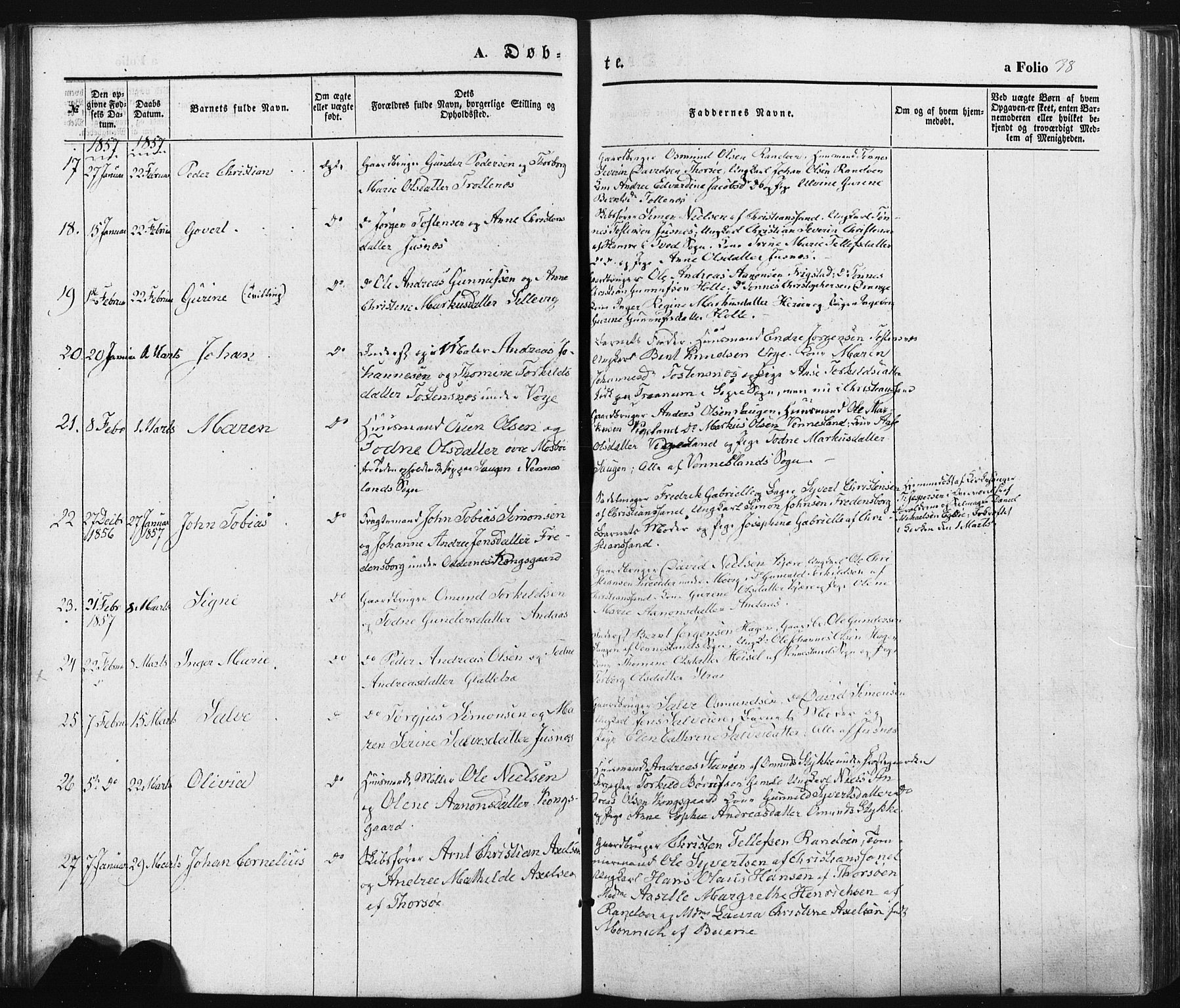 Oddernes sokneprestkontor, AV/SAK-1111-0033/F/Fa/Faa/L0007: Parish register (official) no. A 7, 1851-1863, p. 38