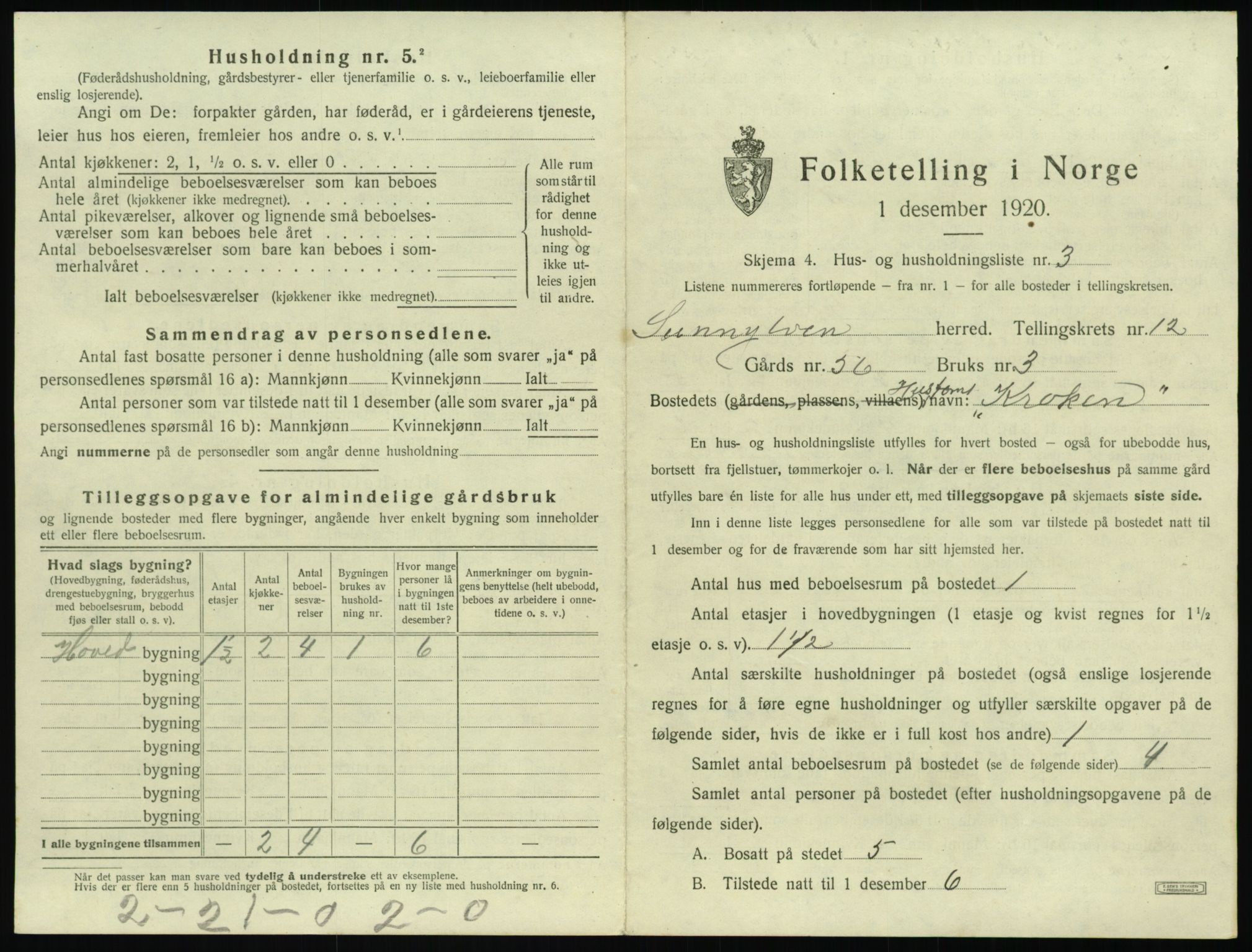 SAT, 1920 census for Sunnylven, 1920, p. 498