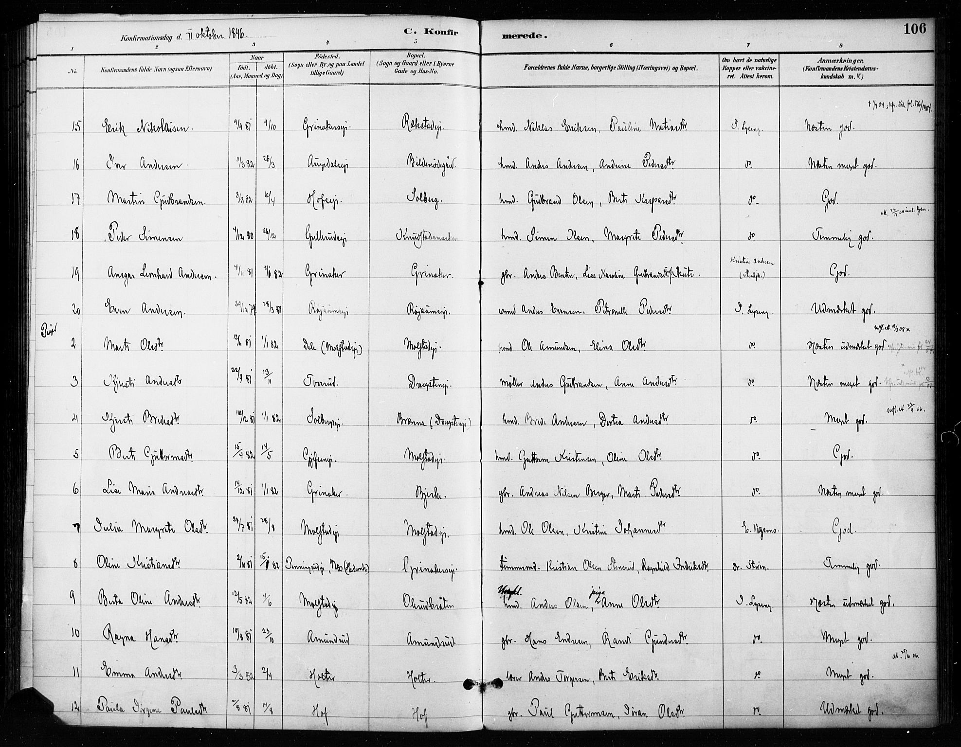 Gran prestekontor, SAH/PREST-112/H/Ha/Haa/L0018: Parish register (official) no. 18, 1889-1899, p. 106