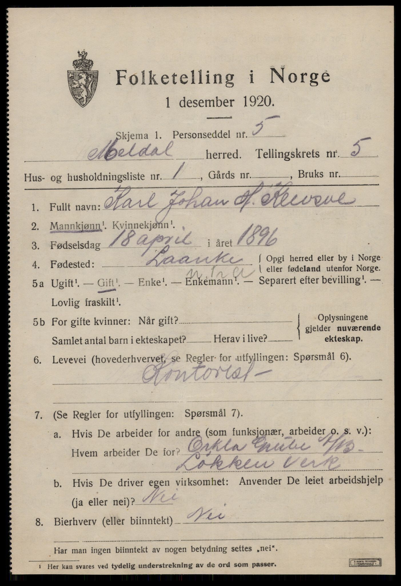 SAT, 1920 census for Meldal, 1920, p. 4447