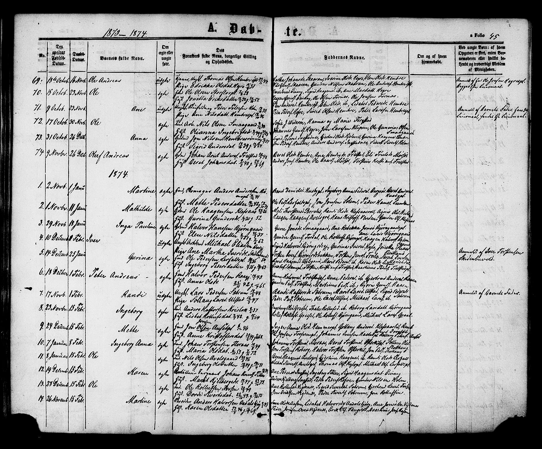 Ministerialprotokoller, klokkerbøker og fødselsregistre - Nord-Trøndelag, SAT/A-1458/703/L0029: Parish register (official) no. 703A02, 1863-1879, p. 45