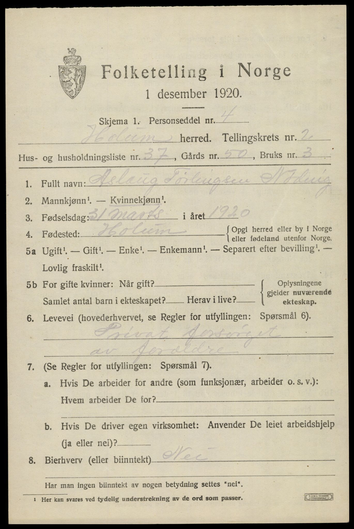 SAK, 1920 census for Holum, 1920, p. 1607