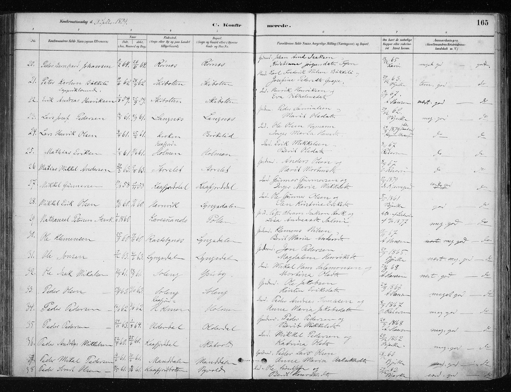 Lyngen sokneprestembete, AV/SATØ-S-1289/H/He/Hea/L0007kirke: Parish register (official) no. 7, 1879-1890, p. 165