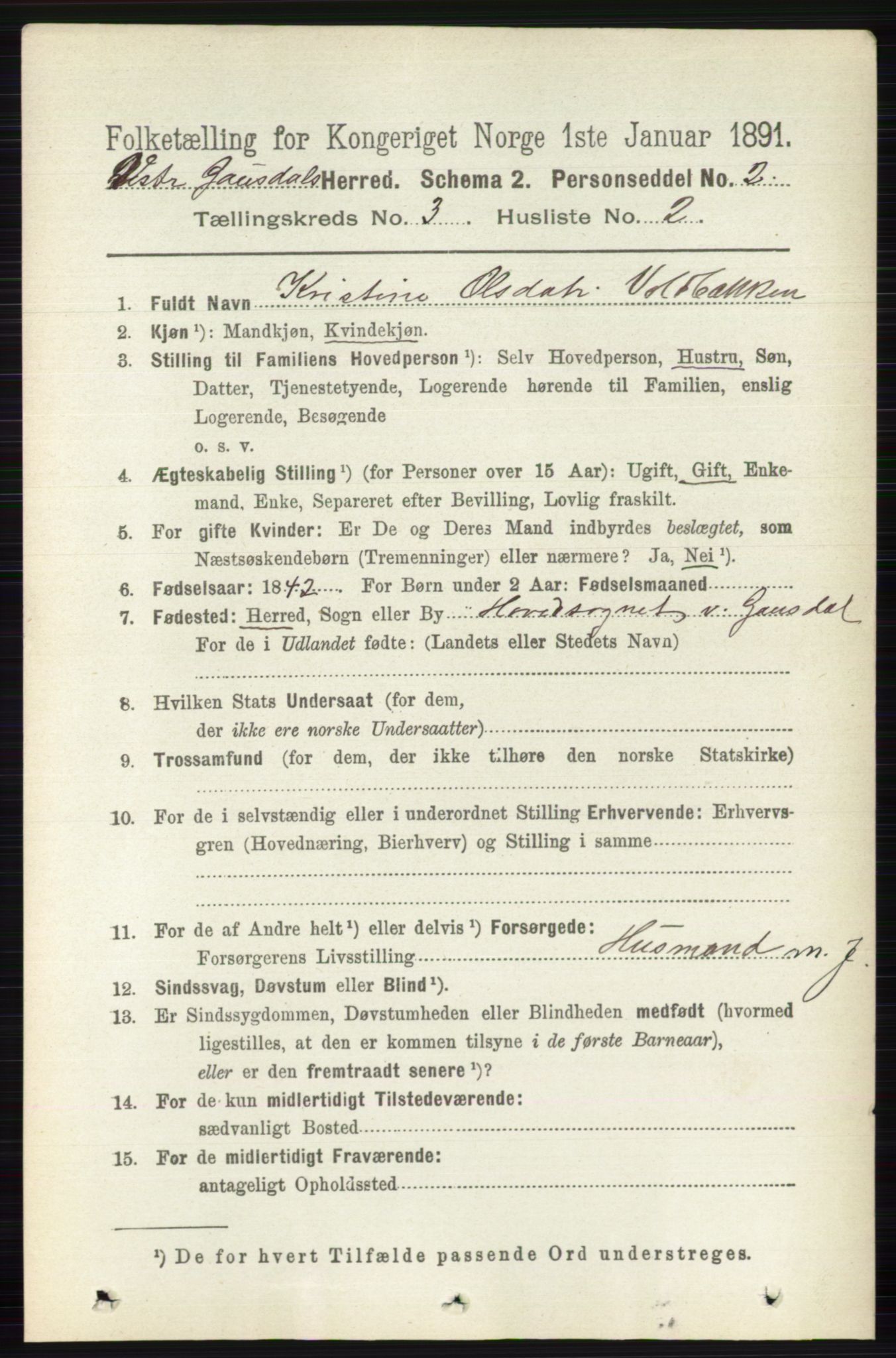 RA, 1891 census for 0523 Vestre Gausdal, 1891, p. 1257