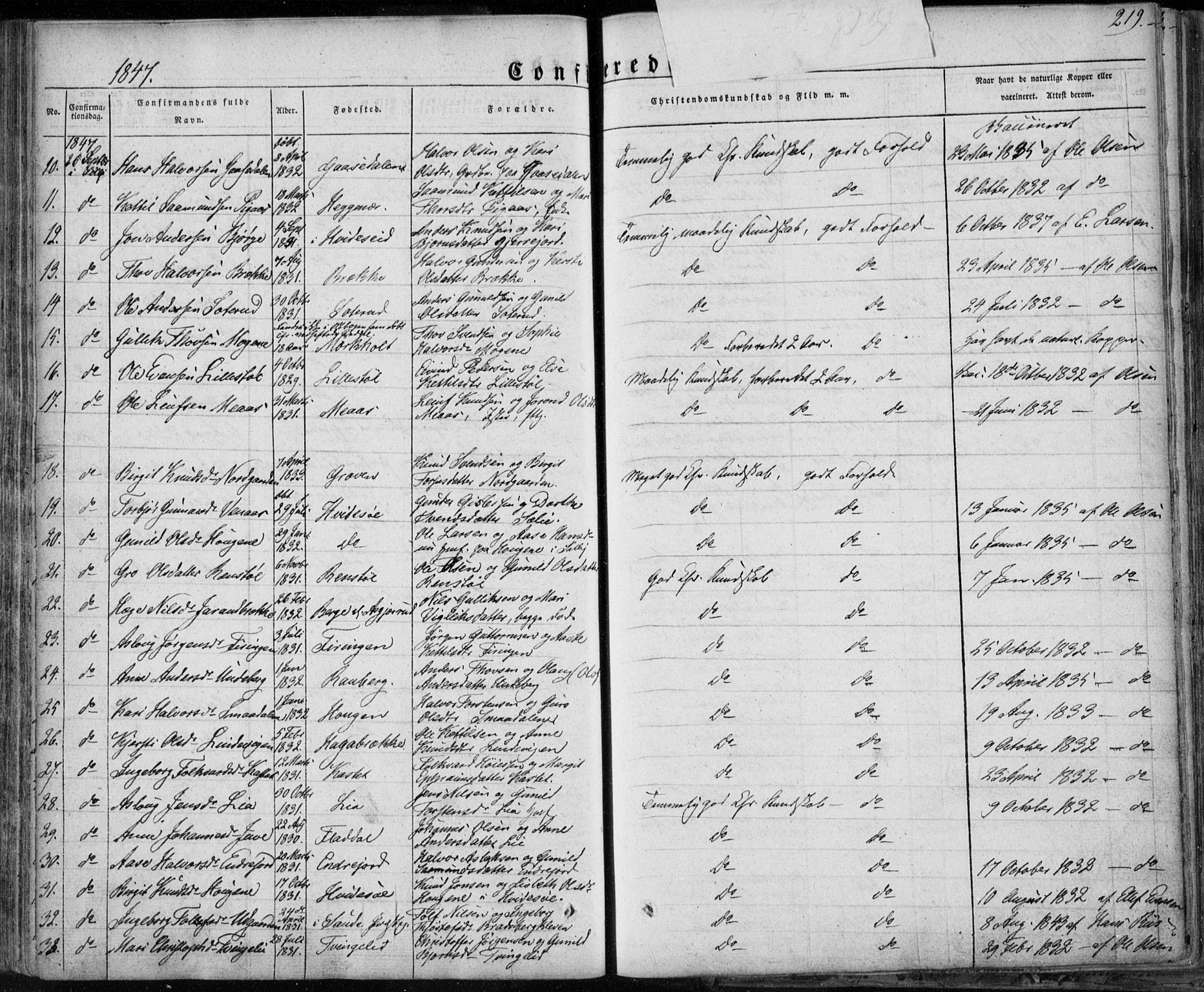 Seljord kirkebøker, SAKO/A-20/F/Fa/L0011: Parish register (official) no. I 11, 1831-1849, p. 219