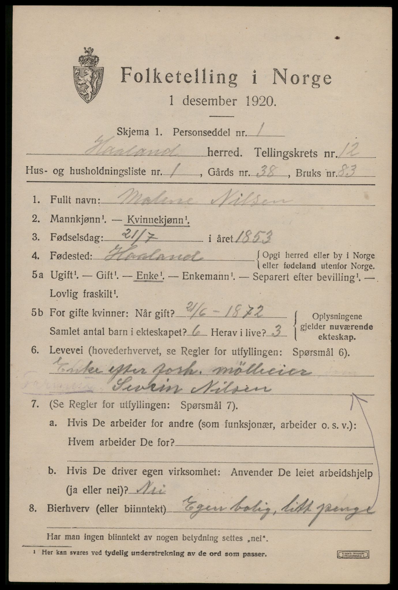 SAST, 1920 census for Håland, 1920, p. 8765