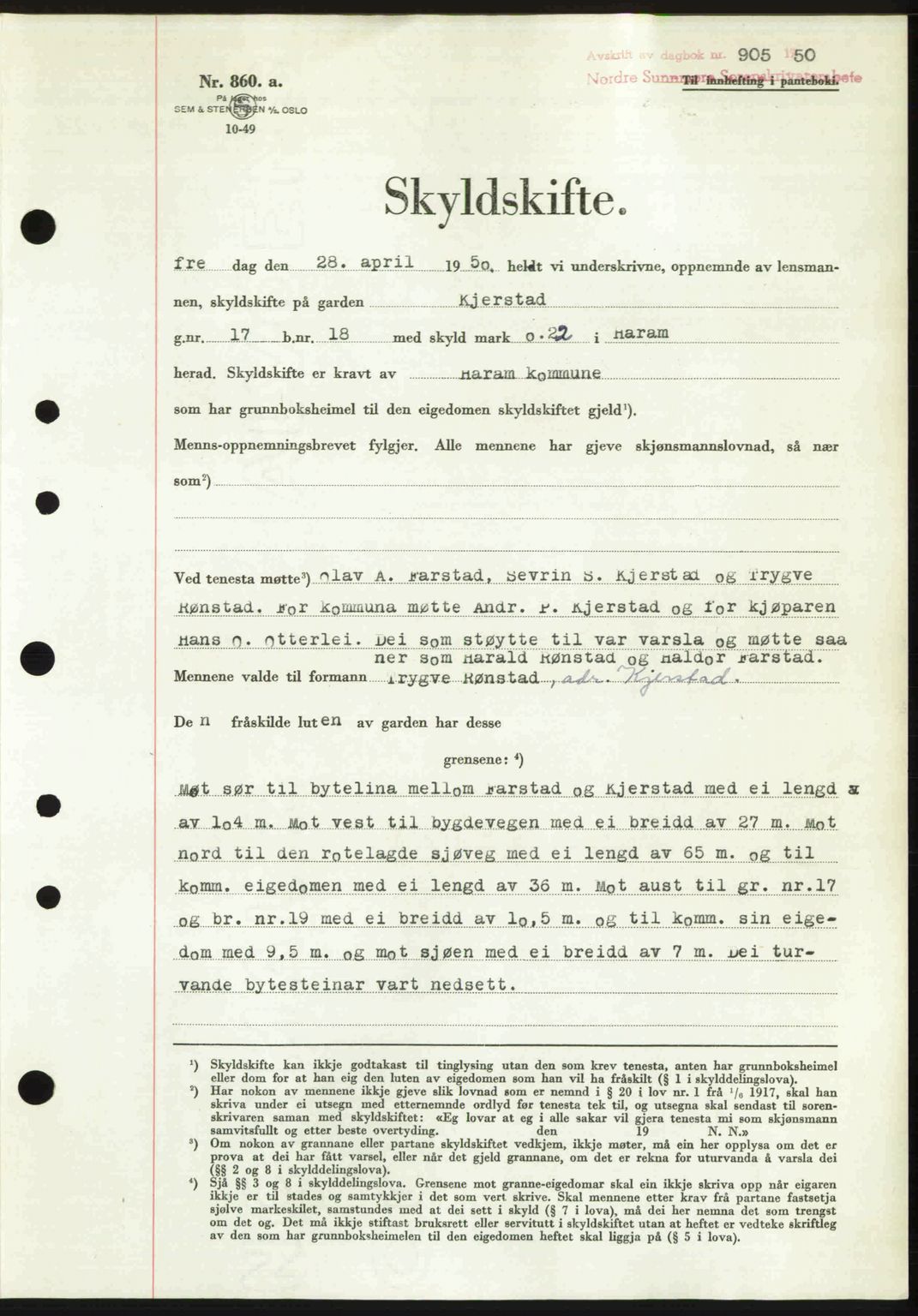 Nordre Sunnmøre sorenskriveri, AV/SAT-A-0006/1/2/2C/2Ca: Mortgage book no. A34, 1950-1950, Diary no: : 905/1950