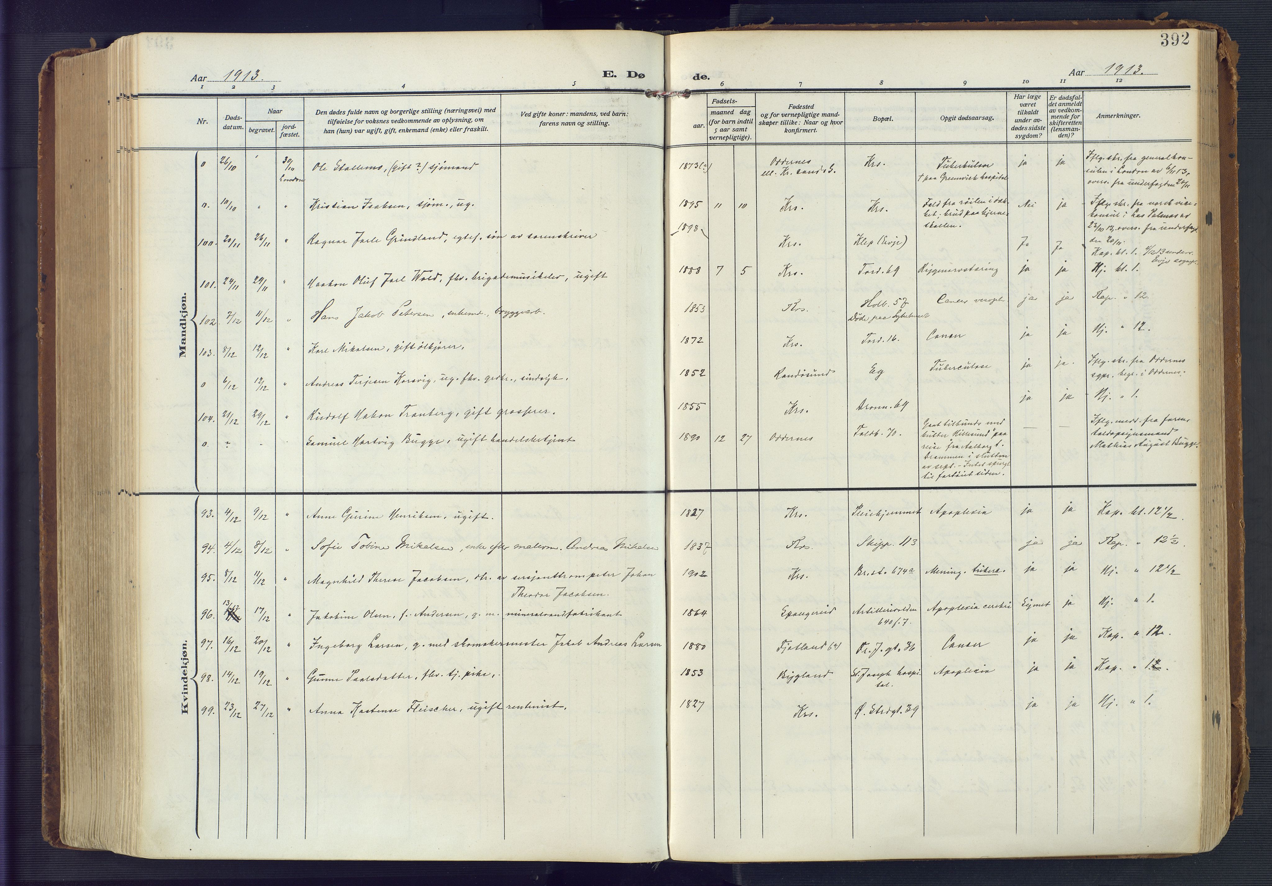 Kristiansand domprosti, AV/SAK-1112-0006/F/Fa/L0023: Parish register (official) no. A 22, 1909-1917, p. 392