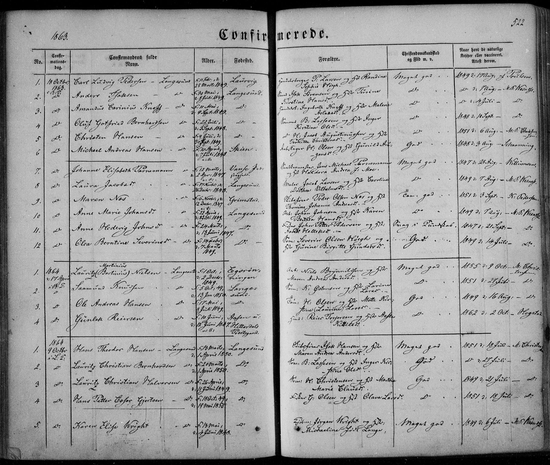 Bamble kirkebøker, AV/SAKO-A-253/F/Fa/L0005: Parish register (official) no. I 5, 1854-1869, p. 522