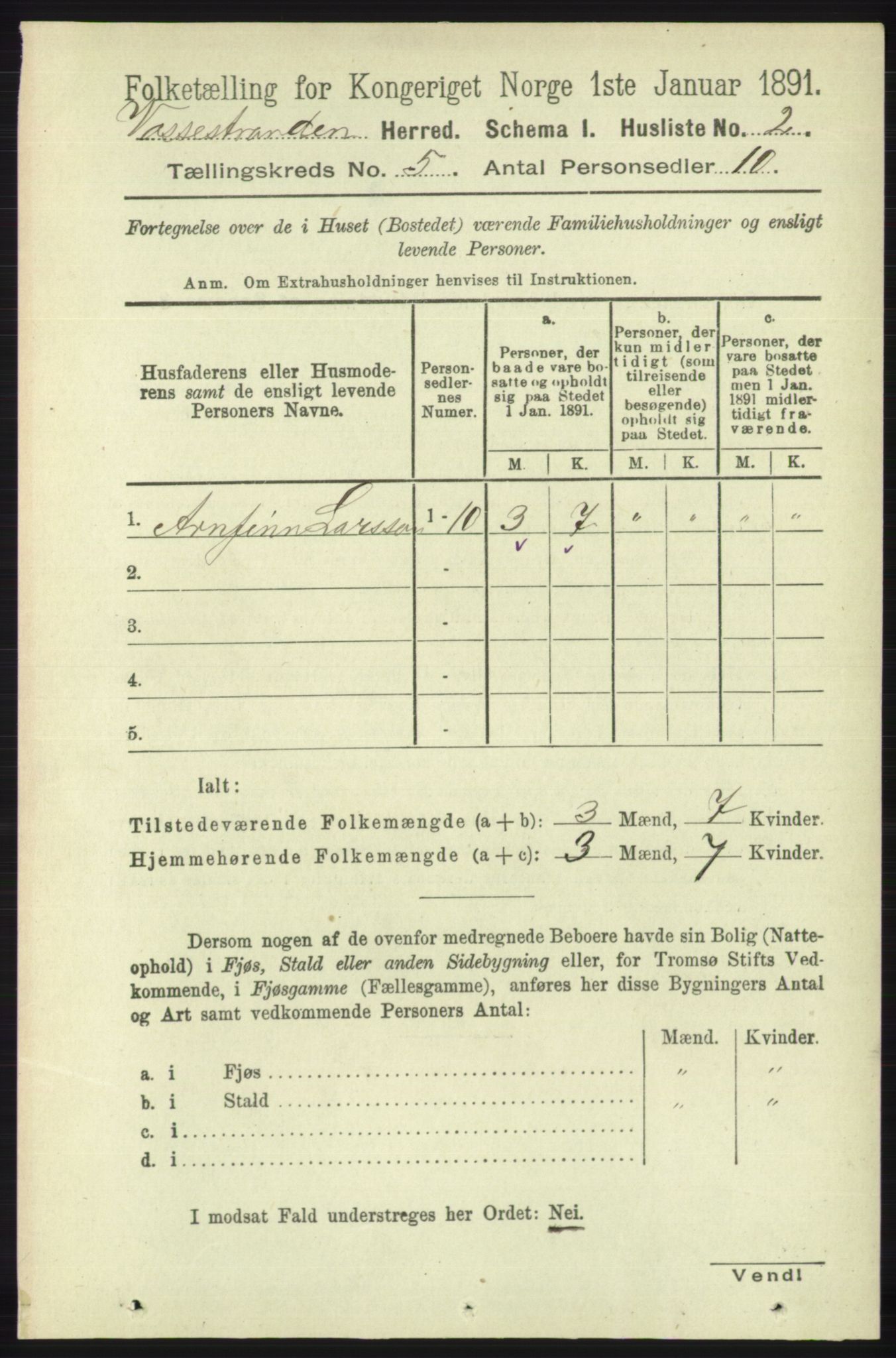 RA, 1891 census for 1236 Vossestrand, 1891, p. 1852