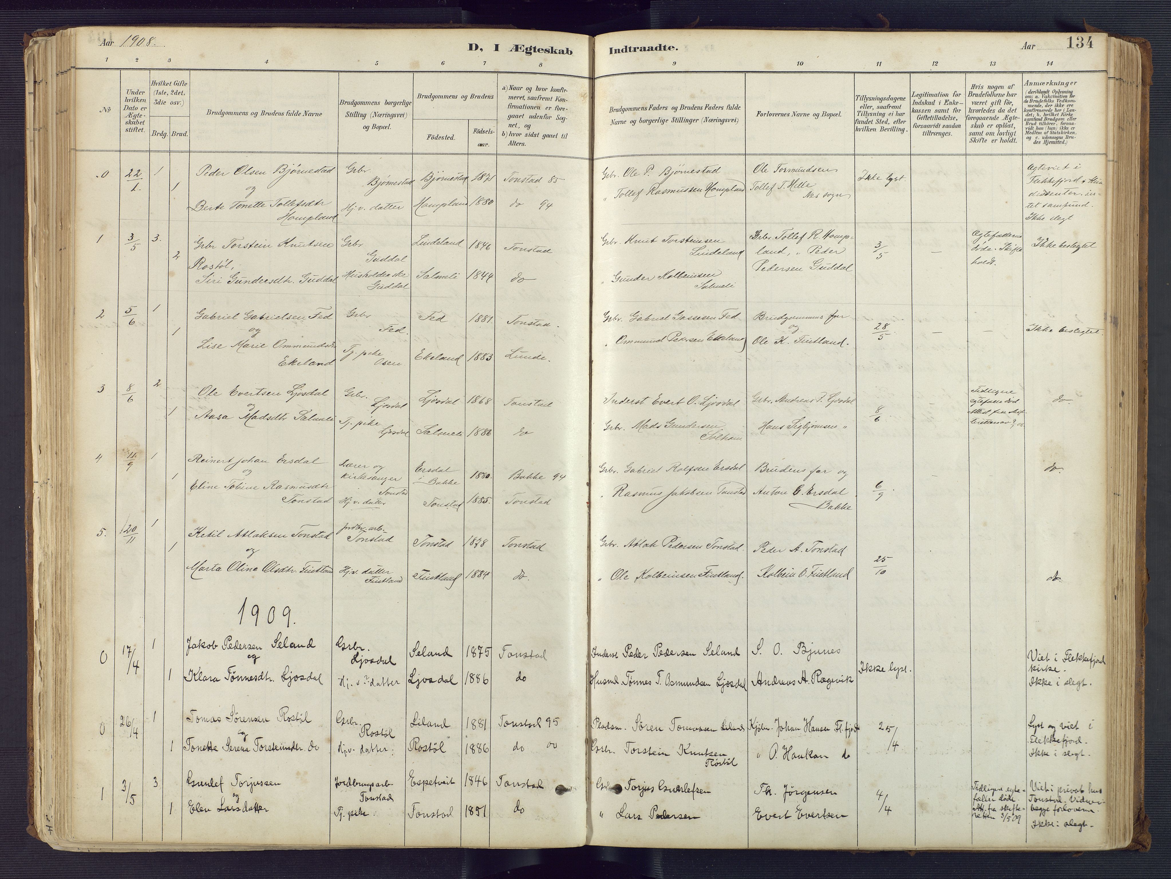 Sirdal sokneprestkontor, AV/SAK-1111-0036/F/Fa/Fab/L0004: Parish register (official) no. A 4, 1887-1919, p. 134