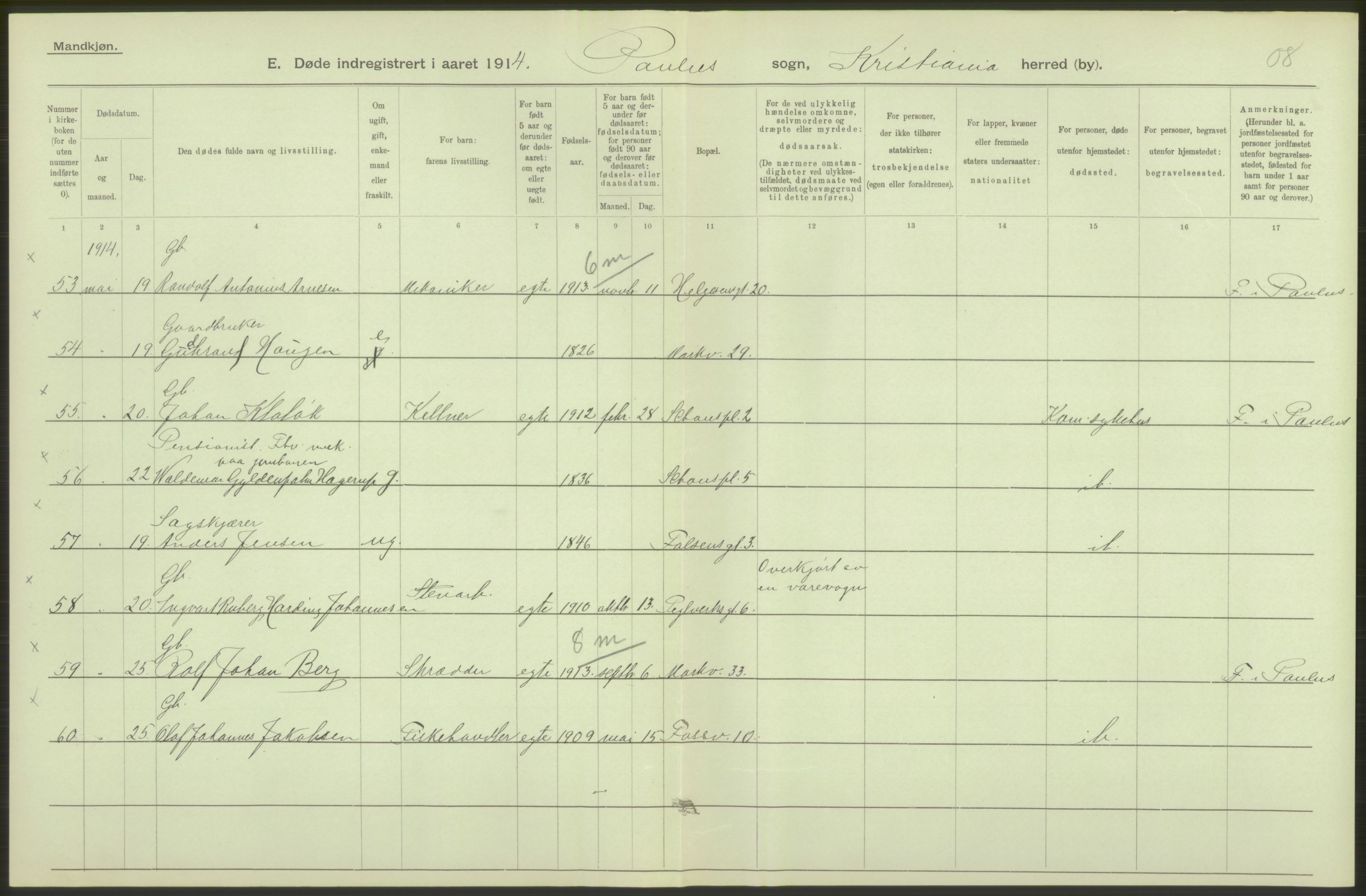 Statistisk sentralbyrå, Sosiodemografiske emner, Befolkning, AV/RA-S-2228/D/Df/Dfb/Dfbd/L0008: Kristiania: Døde, 1914, p. 264