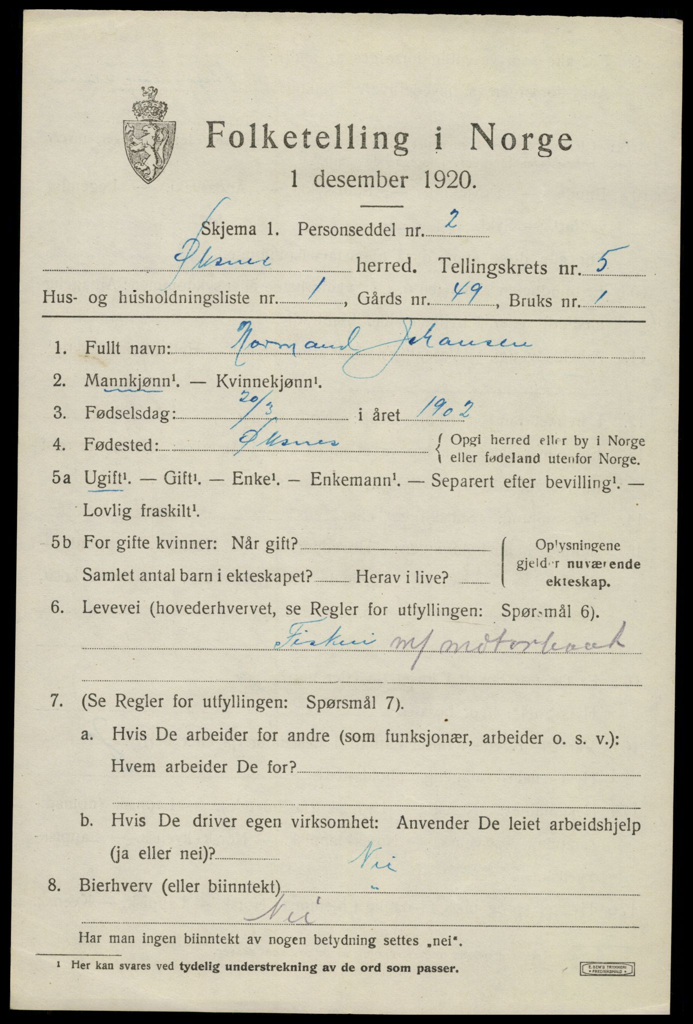 SAT, 1920 census for Øksnes, 1920, p. 3794