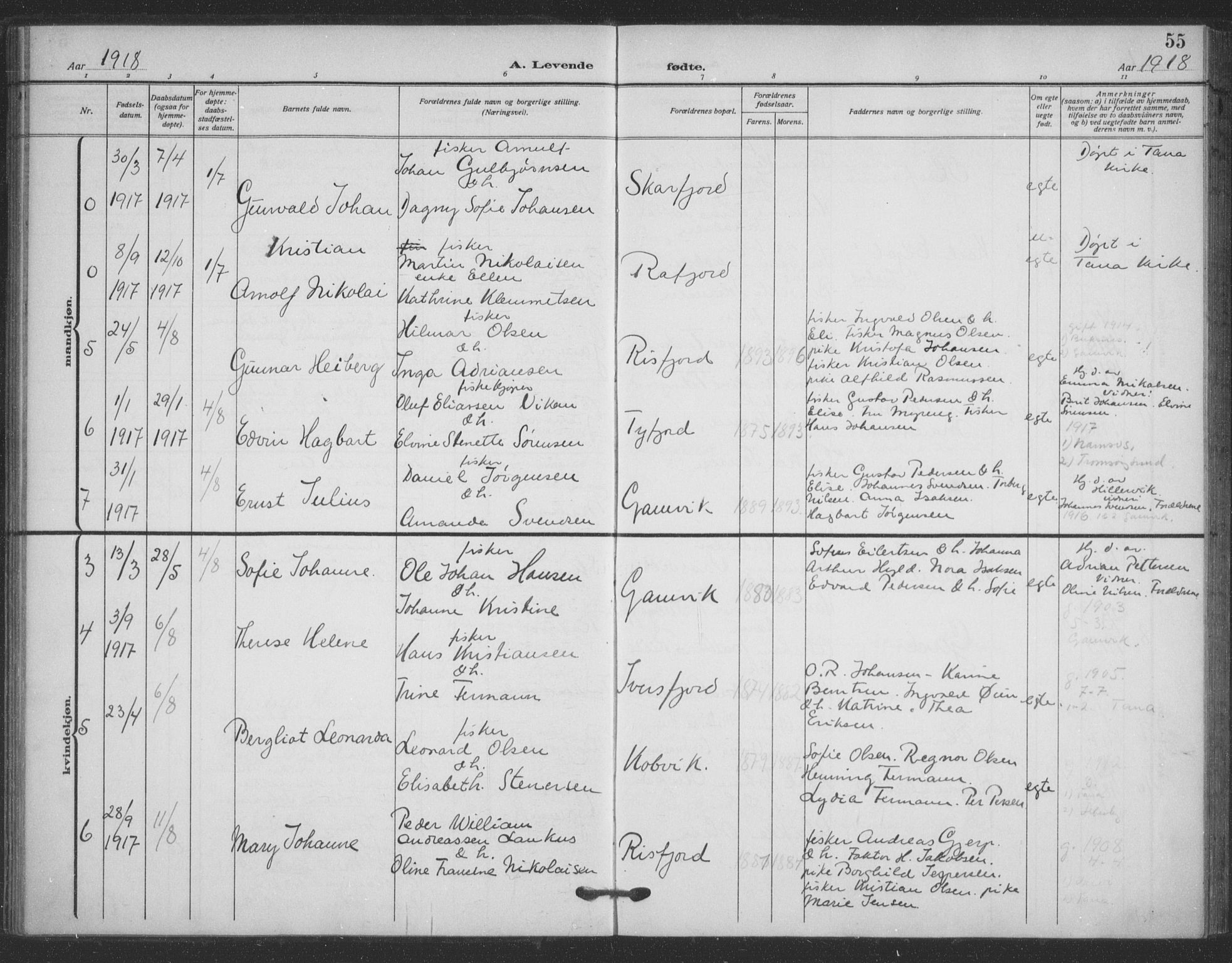 Tana sokneprestkontor, AV/SATØ-S-1334/H/Ha/L0008kirke: Parish register (official) no. 8, 1908-1920, p. 55