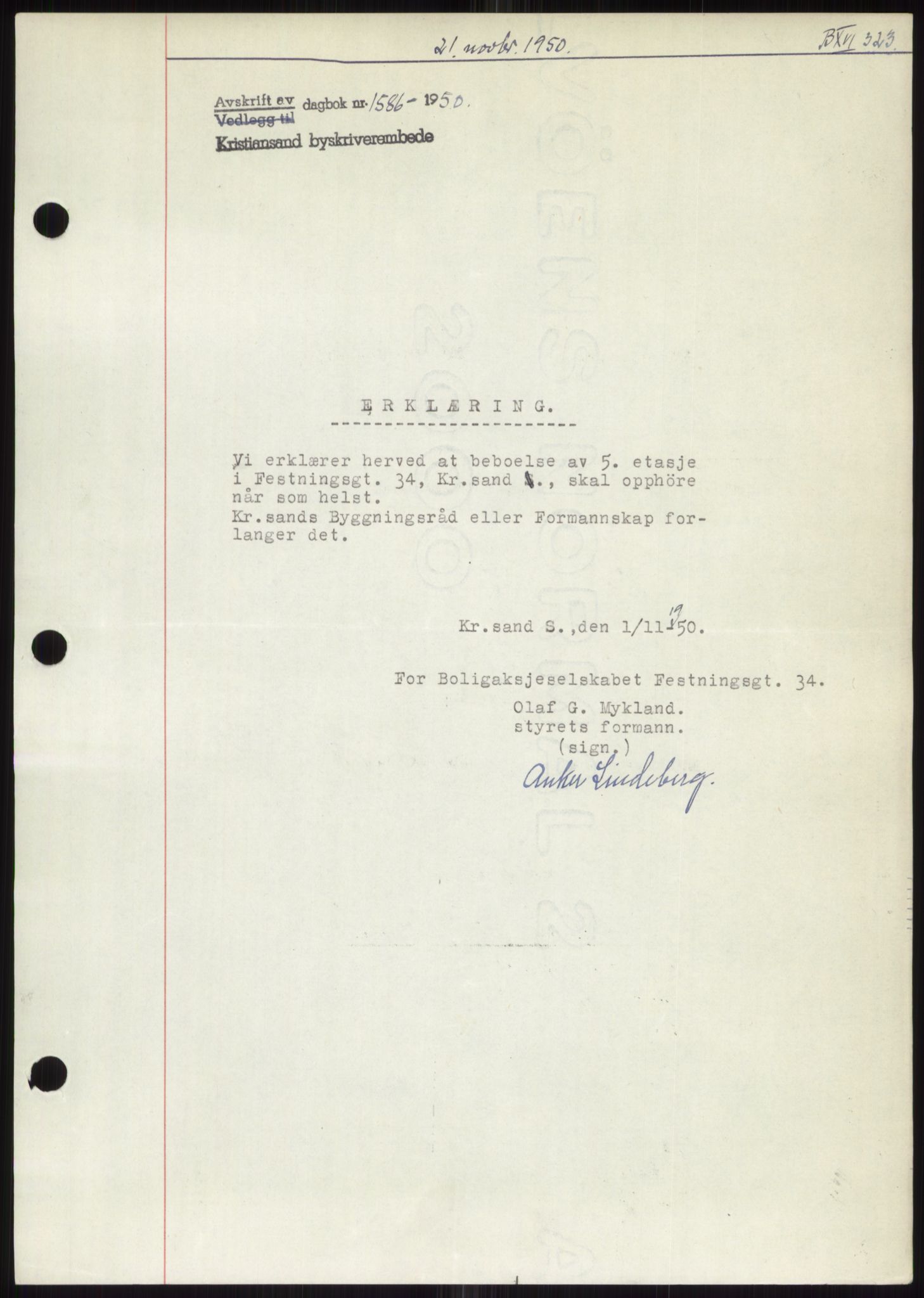 Kristiansand byrett, AV/SAK-1223-0001/G/Gb/Gbb/L0013: Mortgage book no. B 16, 1950-1950, Diary no: : 1586/1950