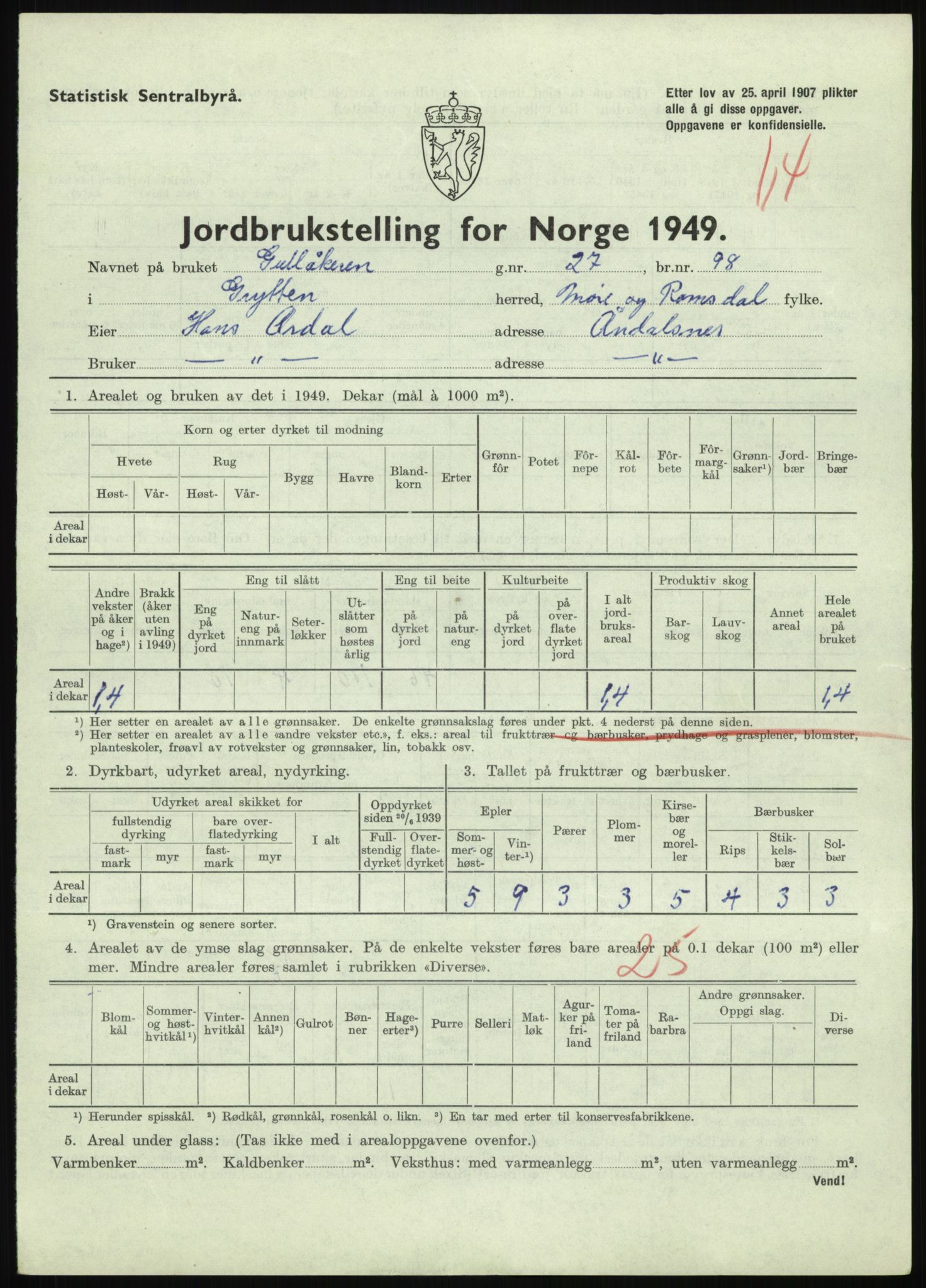 Statistisk sentralbyrå, Næringsøkonomiske emner, Jordbruk, skogbruk, jakt, fiske og fangst, AV/RA-S-2234/G/Gc/L0323: Møre og Romsdal: Grytten og Hen, 1949, p. 17