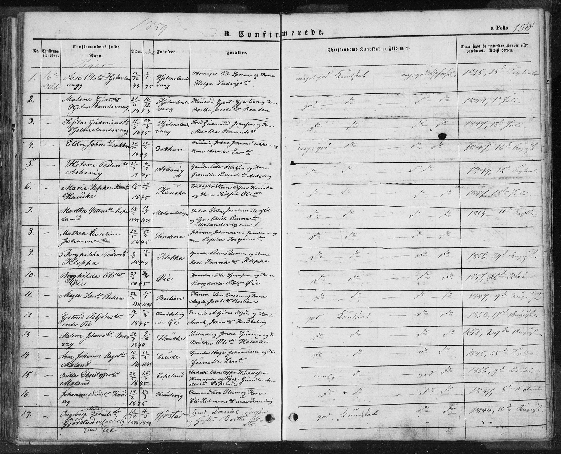 Hjelmeland sokneprestkontor, AV/SAST-A-101843/01/IV/L0009: Parish register (official) no. A 9, 1846-1860, p. 150