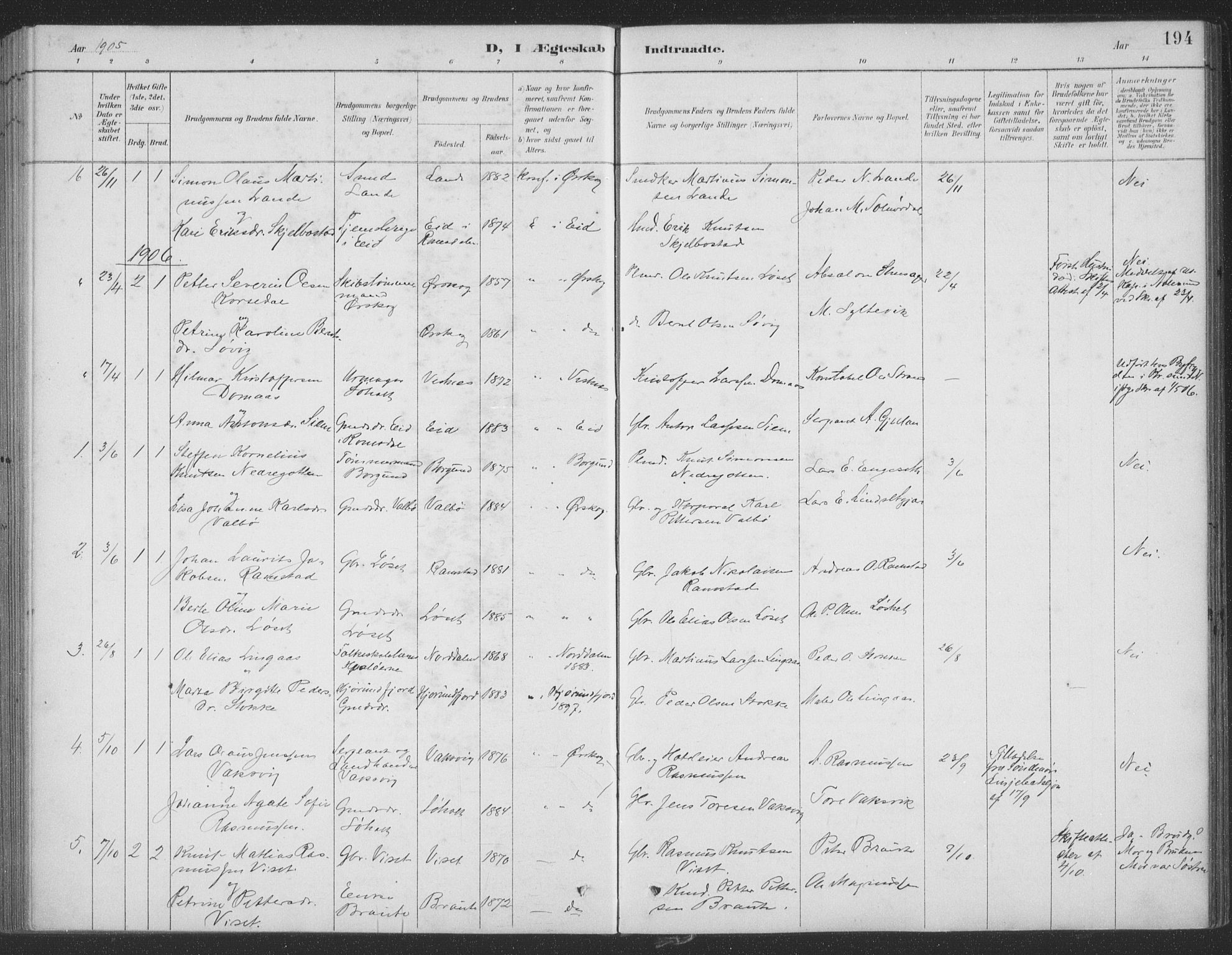 Ministerialprotokoller, klokkerbøker og fødselsregistre - Møre og Romsdal, AV/SAT-A-1454/522/L0316: Parish register (official) no. 522A11, 1890-1911, p. 194