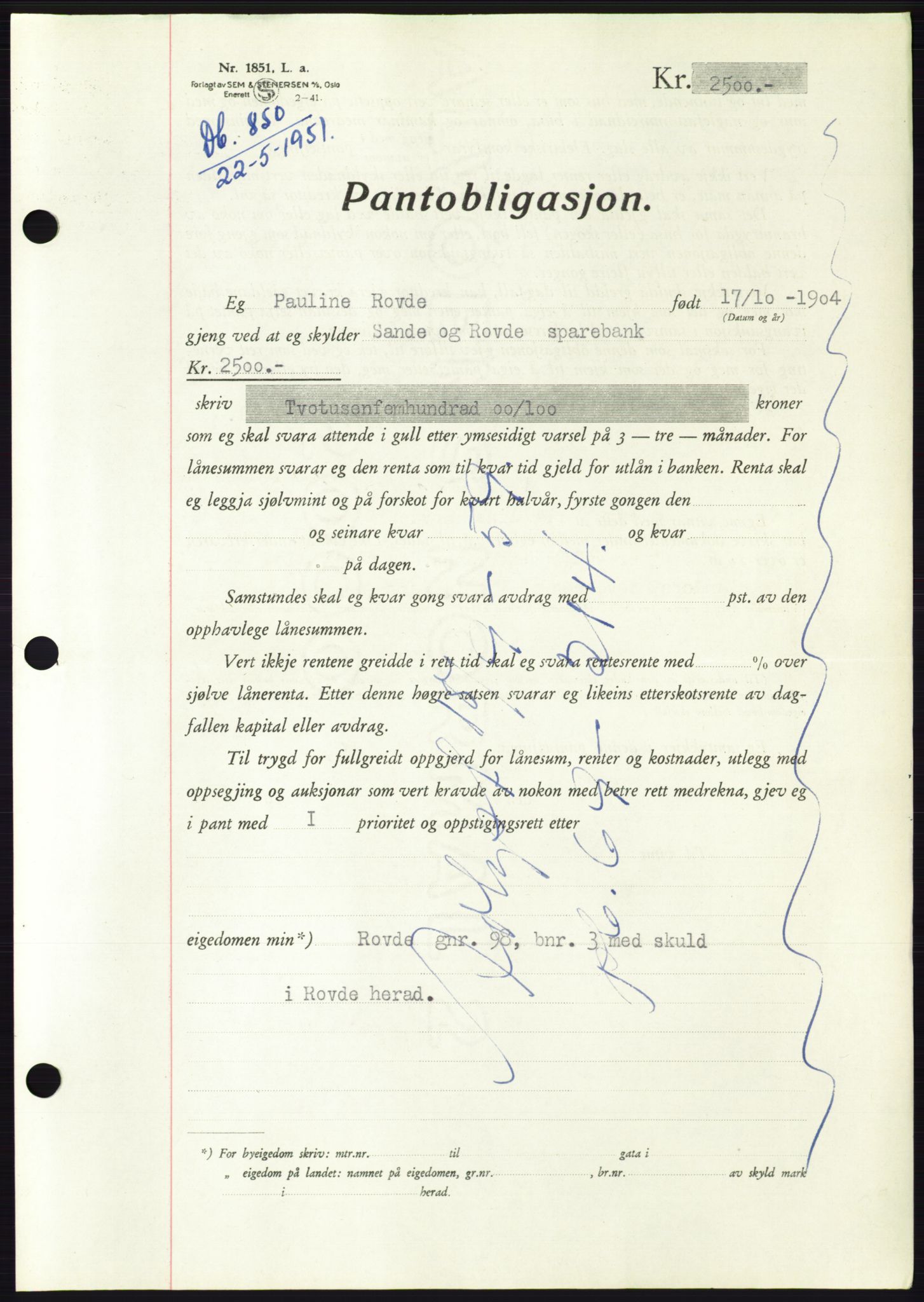 Søre Sunnmøre sorenskriveri, AV/SAT-A-4122/1/2/2C/L0120: Mortgage book no. 8B, 1951-1951, Diary no: : 850/1951