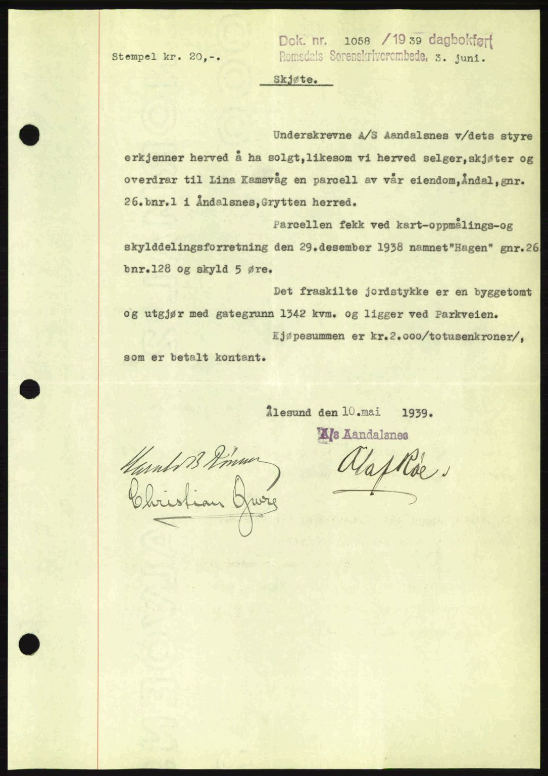 Romsdal sorenskriveri, AV/SAT-A-4149/1/2/2C: Mortgage book no. A7, 1939-1939, Diary no: : 1058/1939