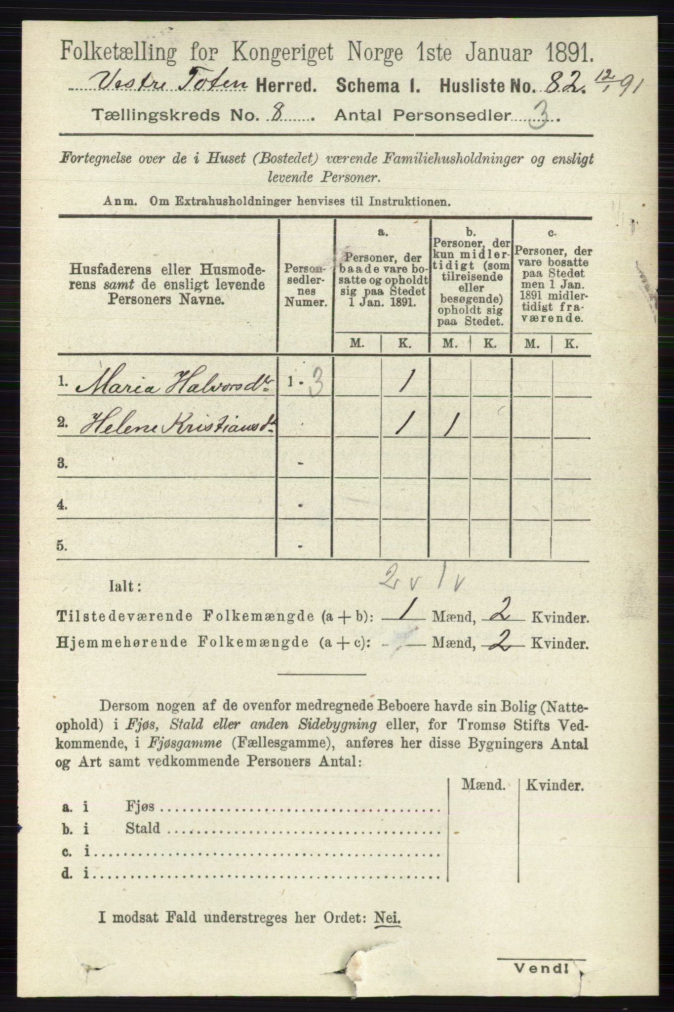 RA, 1891 census for 0529 Vestre Toten, 1891, p. 4999