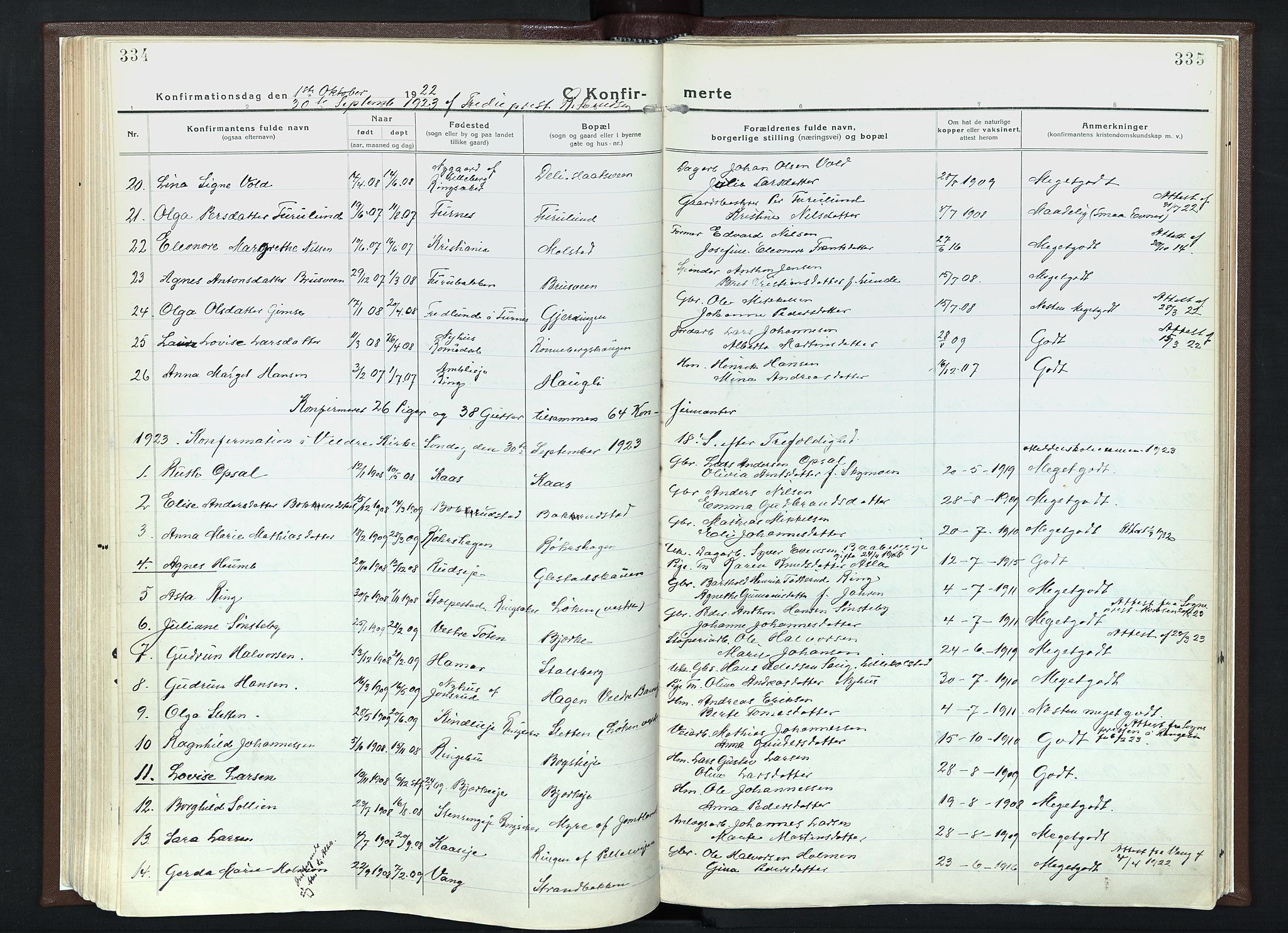 Veldre prestekontor, AV/SAH-PREST-018/K/Ka/L0001: Parish register (official) no. 1, 1921-1934, p. 334-335