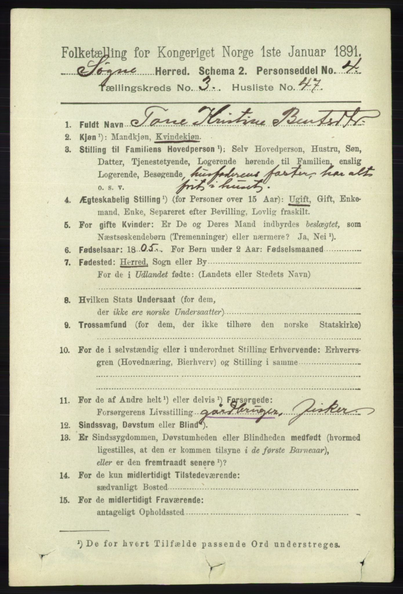 RA, 1891 census for 1018 Søgne, 1891, p. 578