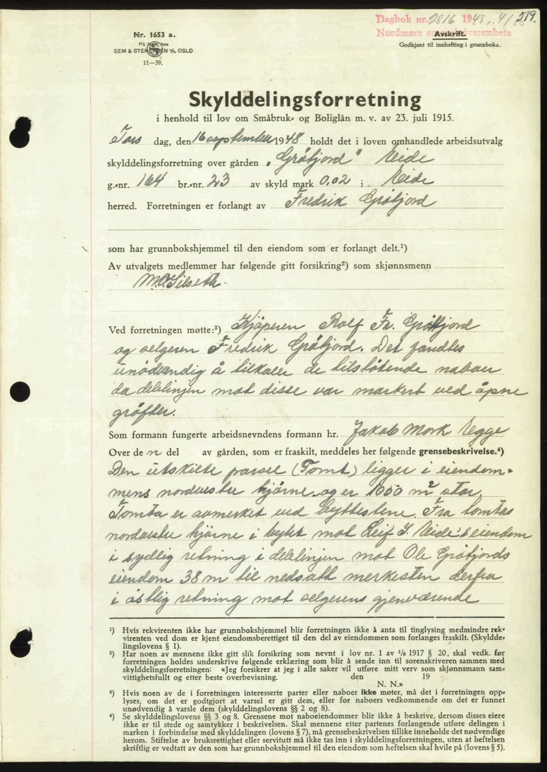 Nordmøre sorenskriveri, AV/SAT-A-4132/1/2/2Ca: Mortgage book no. A109, 1948-1948, Diary no: : 2816/1948