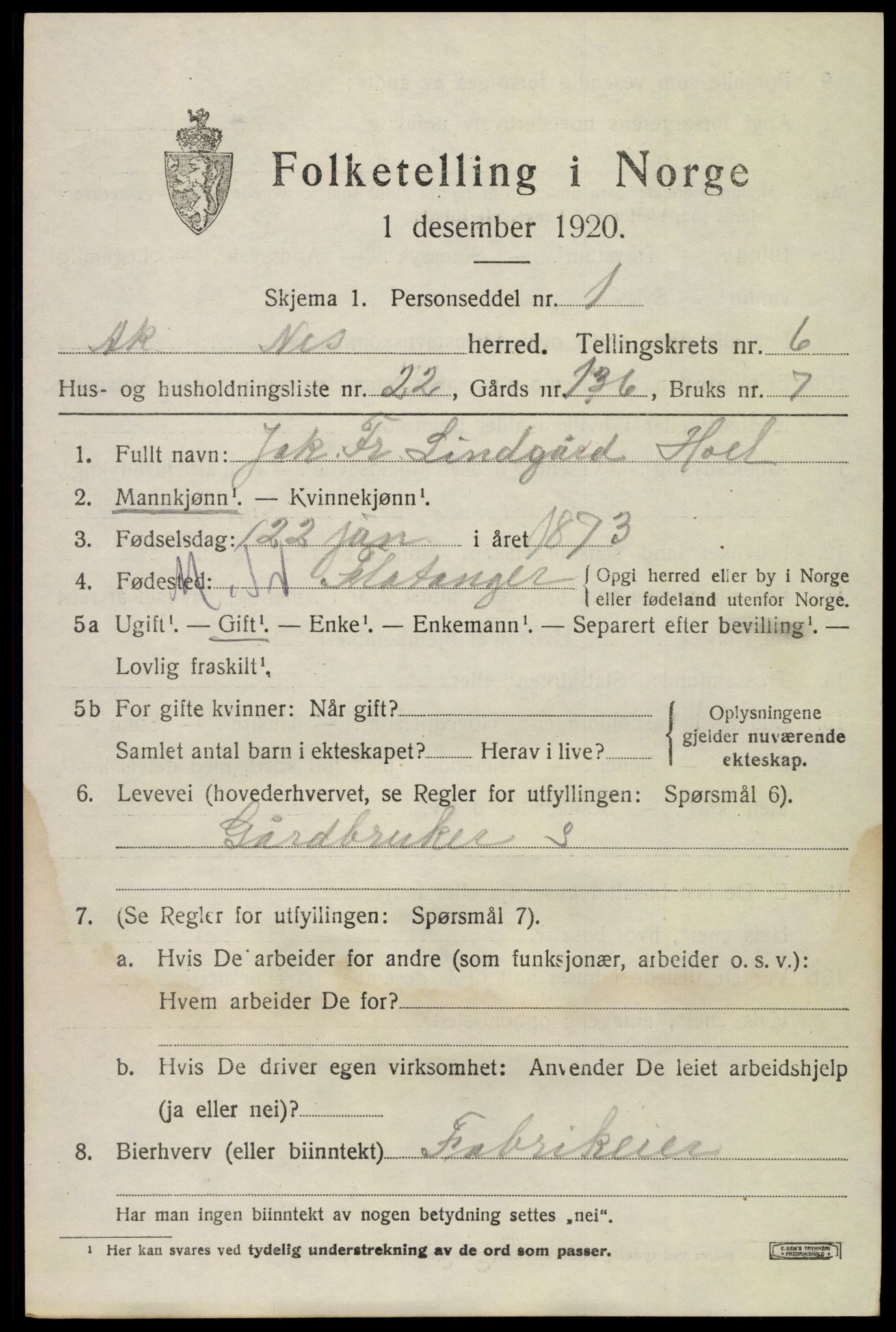 SAO, 1920 census for Nes, 1920, p. 7842