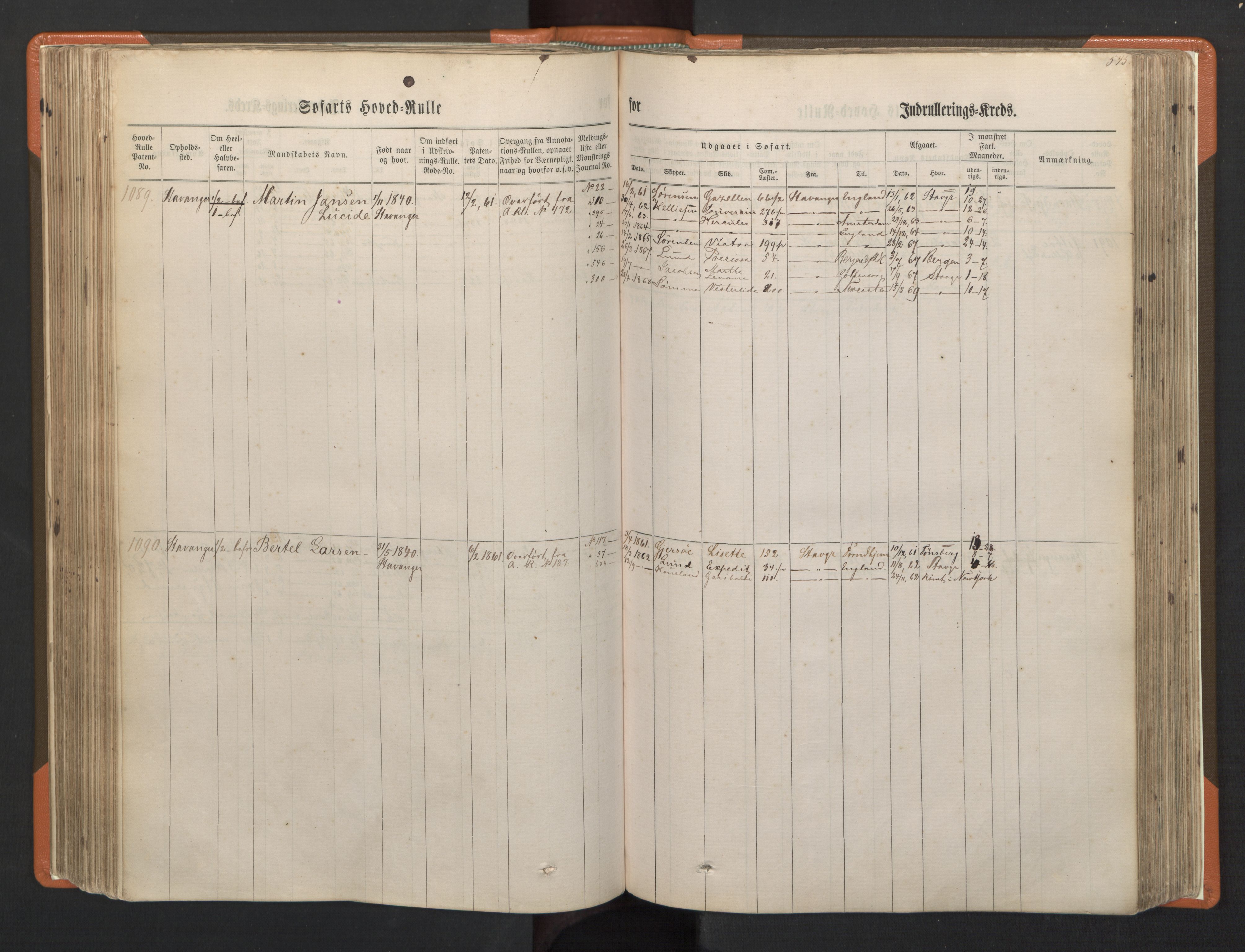 Stavanger sjømannskontor, AV/SAST-A-102006/F/Fb/Fbb/L0002: Sjøfartshovedrulle, patentnr. 721-1450 (del 2), 1863, p. 189