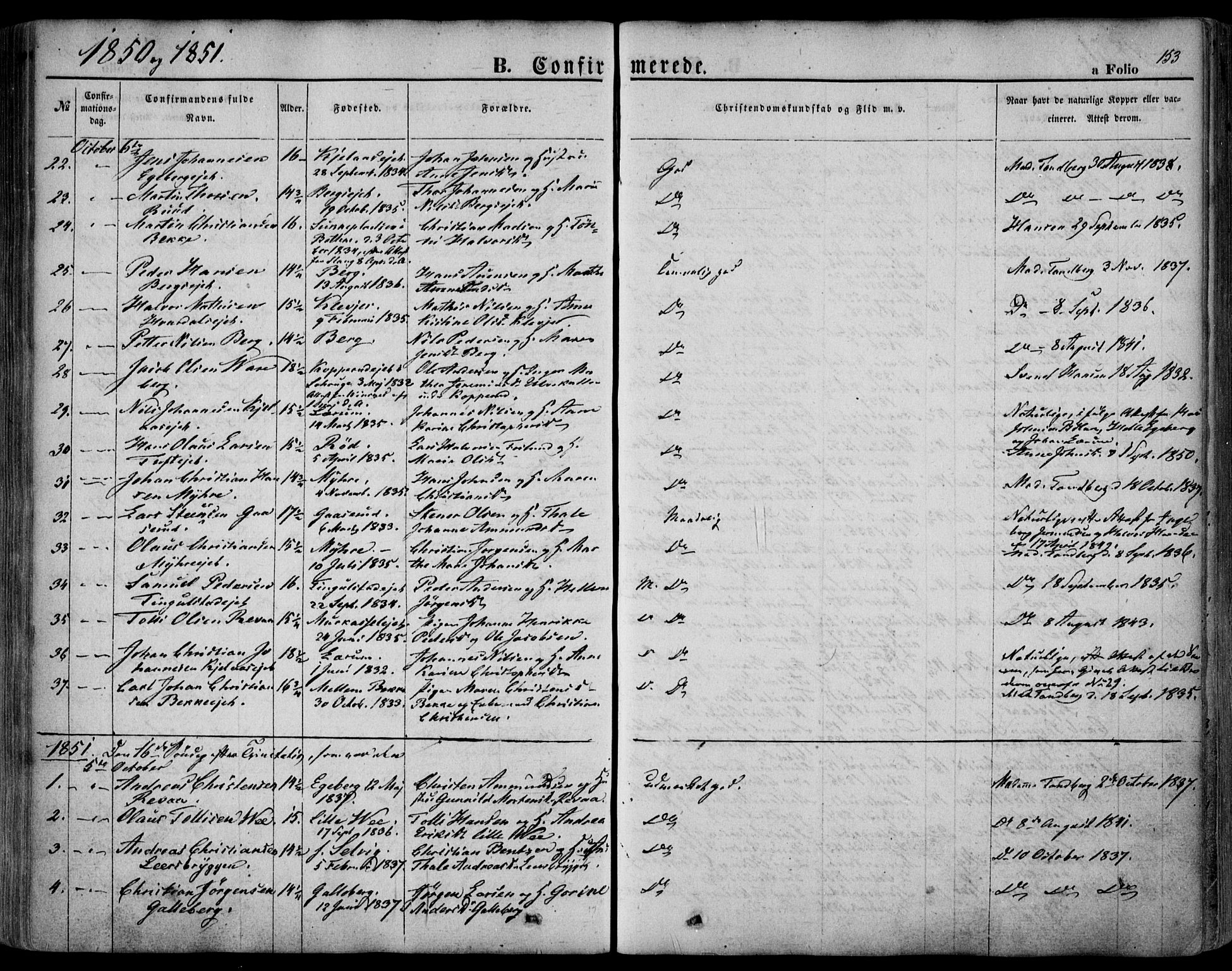 Sande Kirkebøker, SAKO/A-53/F/Fa/L0004: Parish register (official) no. 4, 1847-1864, p. 153