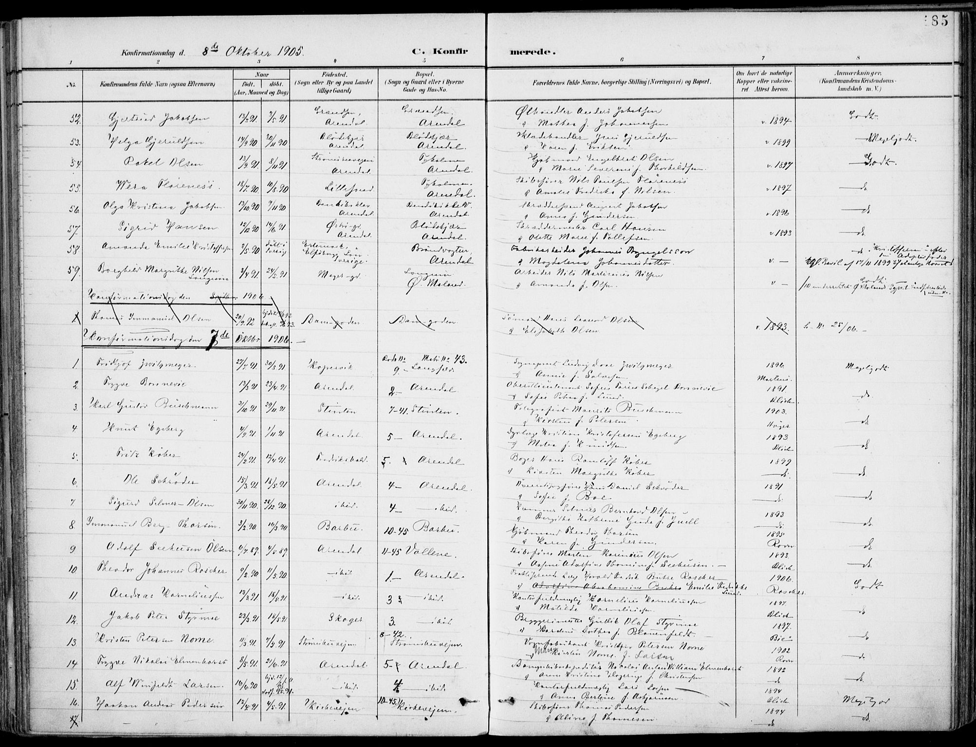 Barbu sokneprestkontor, SAK/1111-0003/F/Fa/L0005: Parish register (official) no. A 5, 1899-1909, p. 185