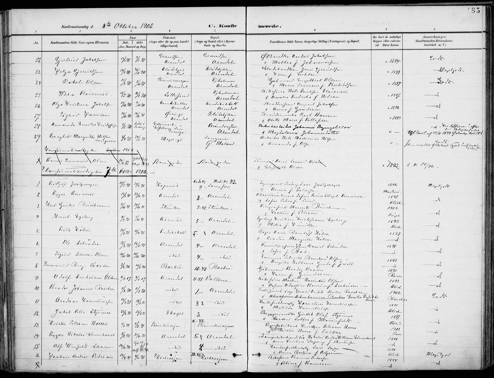 Barbu sokneprestkontor, AV/SAK-1111-0003/F/Fa/L0005: Parish register (official) no. A 5, 1899-1909, p. 185