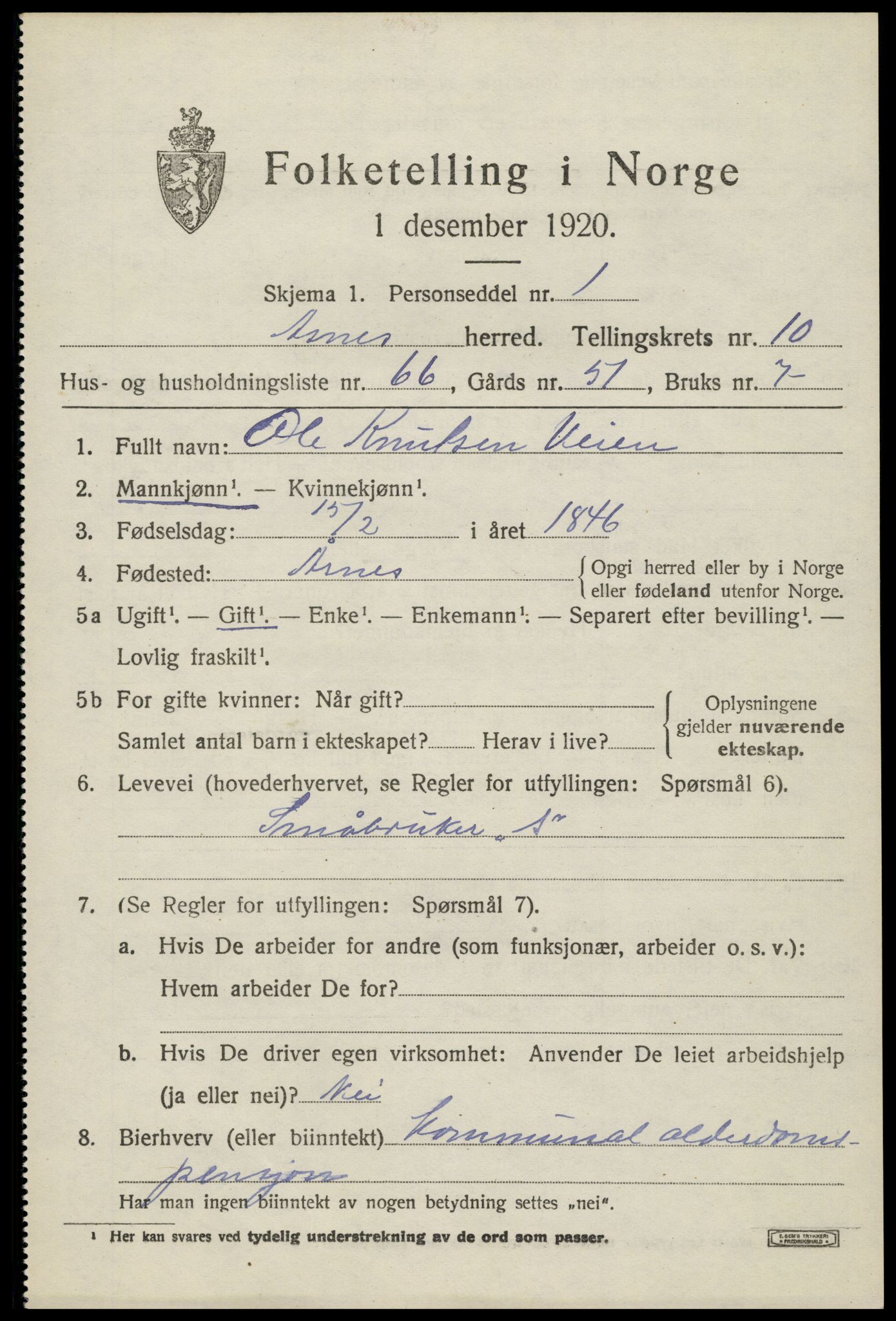 SAH, 1920 census for Åsnes, 1920, p. 11106