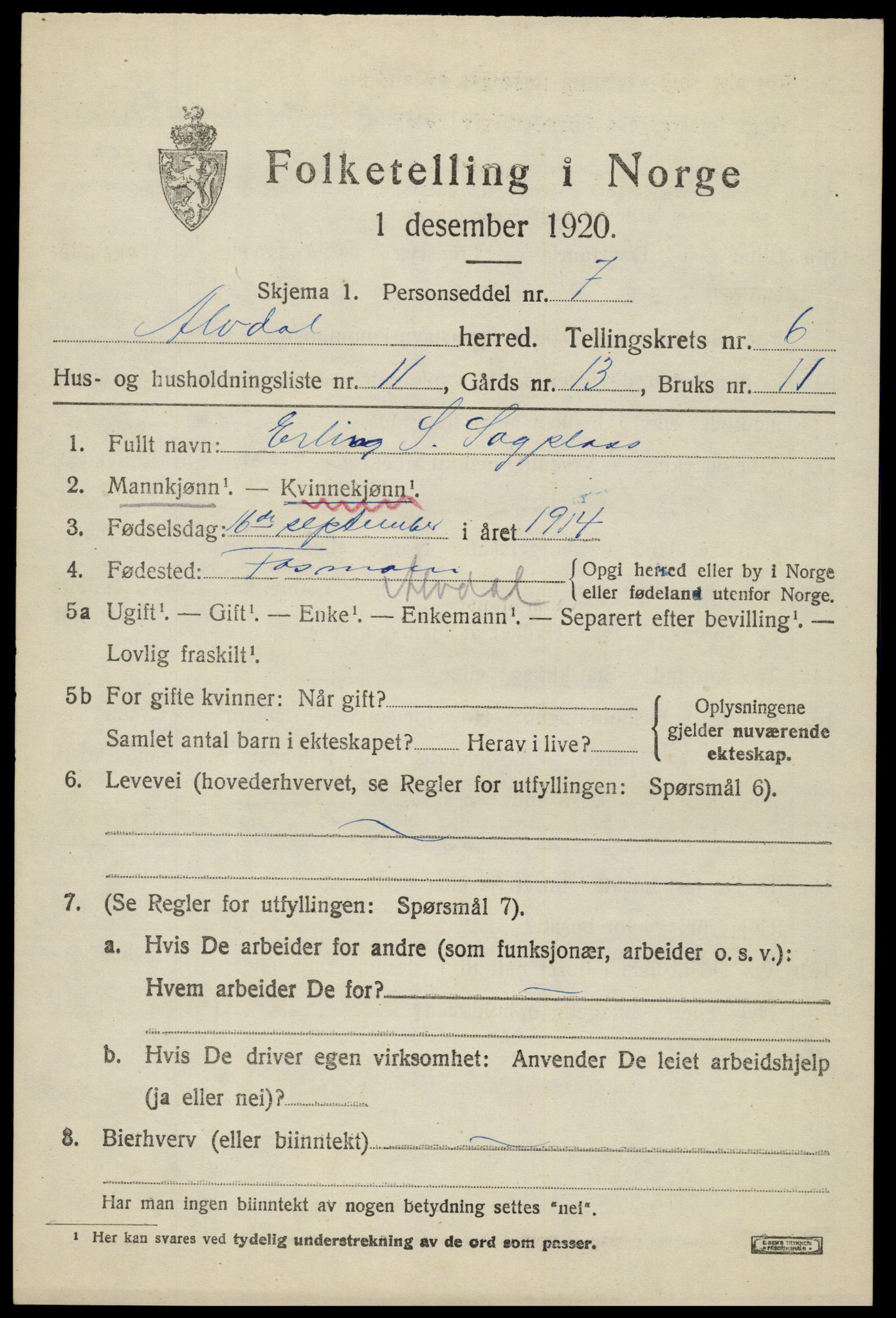 SAH, 1920 census for Alvdal, 1920, p. 3966