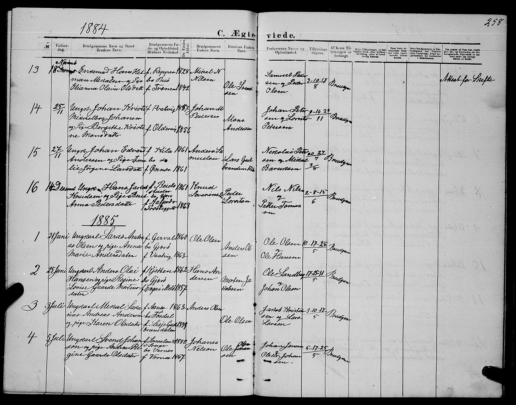 Ministerialprotokoller, klokkerbøker og fødselsregistre - Nordland, SAT/A-1459/841/L0620: Parish register (copy) no. 841C04, 1877-1896, p. 258